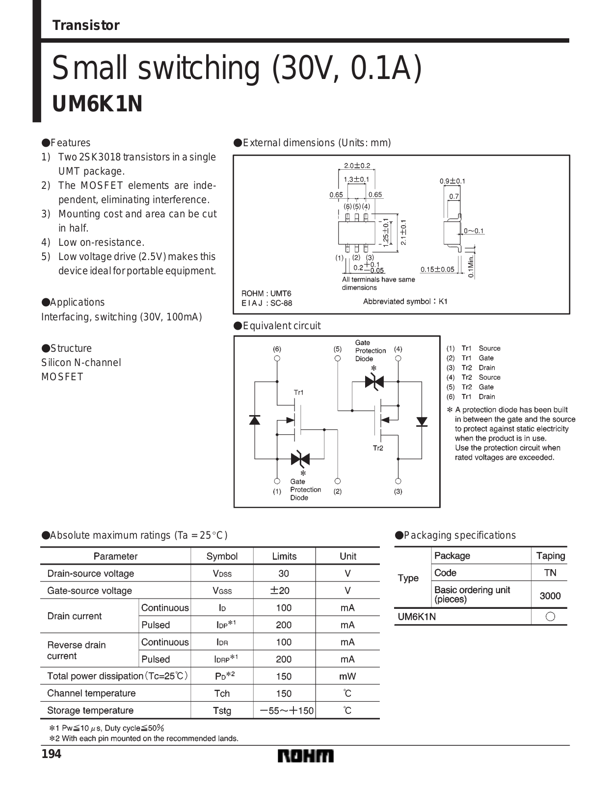 ROHM UM6K1N Datasheet