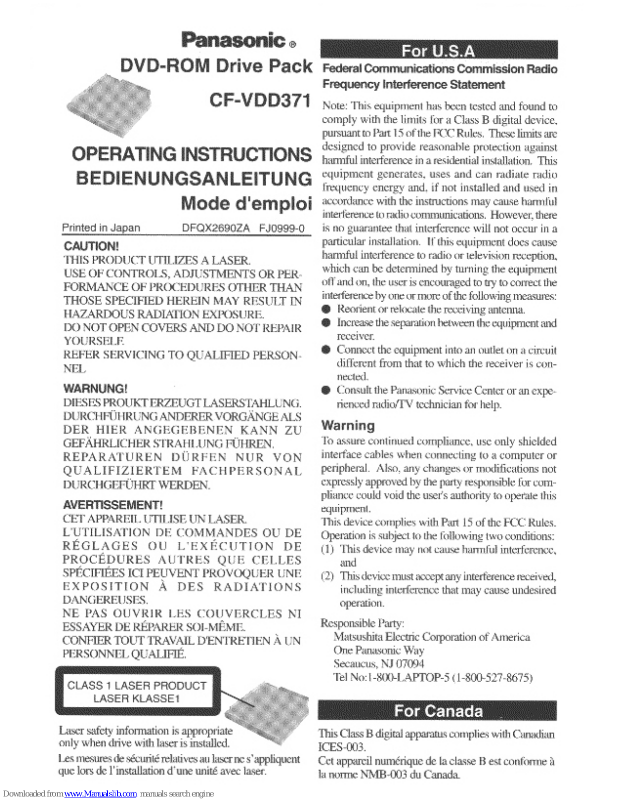 Panasonic CF-VDD371M, CF-VDD371 Operating Instructions Manual