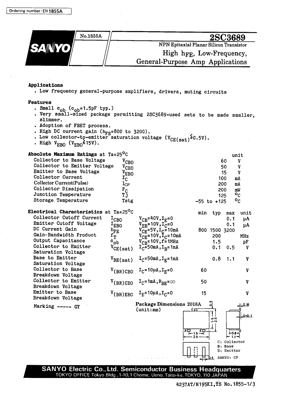 SANYO 2SC3689 Datasheet