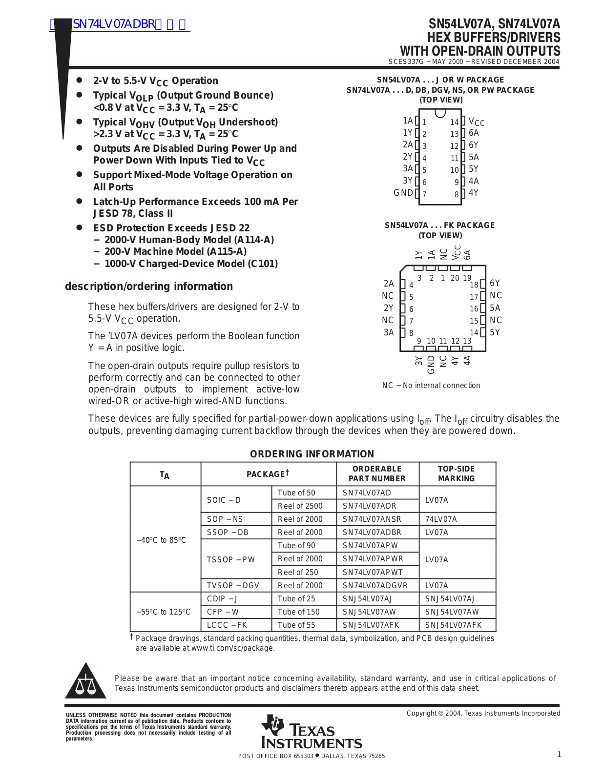 TEXAS INSTRUMENTS SN54LV07A, SN74LV07A Technical data