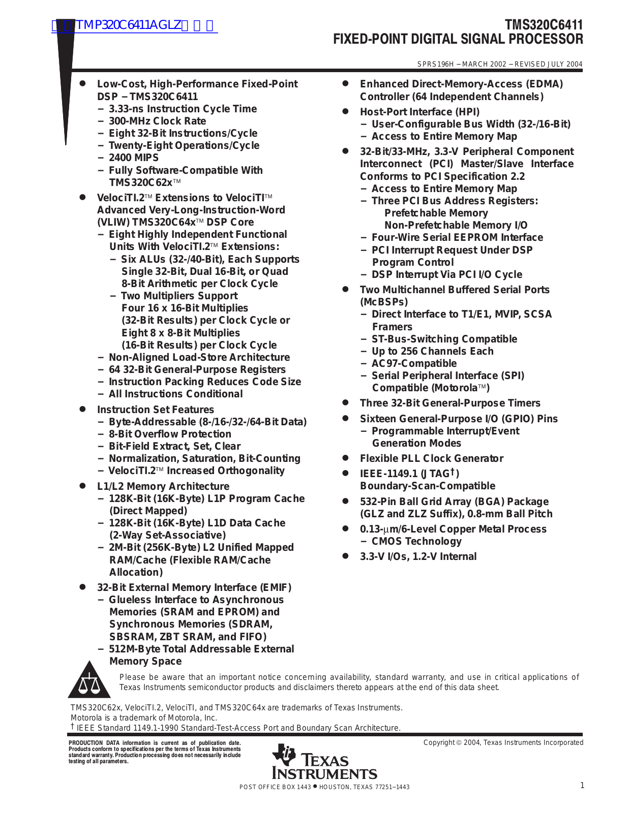 TEXAS INSTRUMENTS TMS320C6411 Technical data