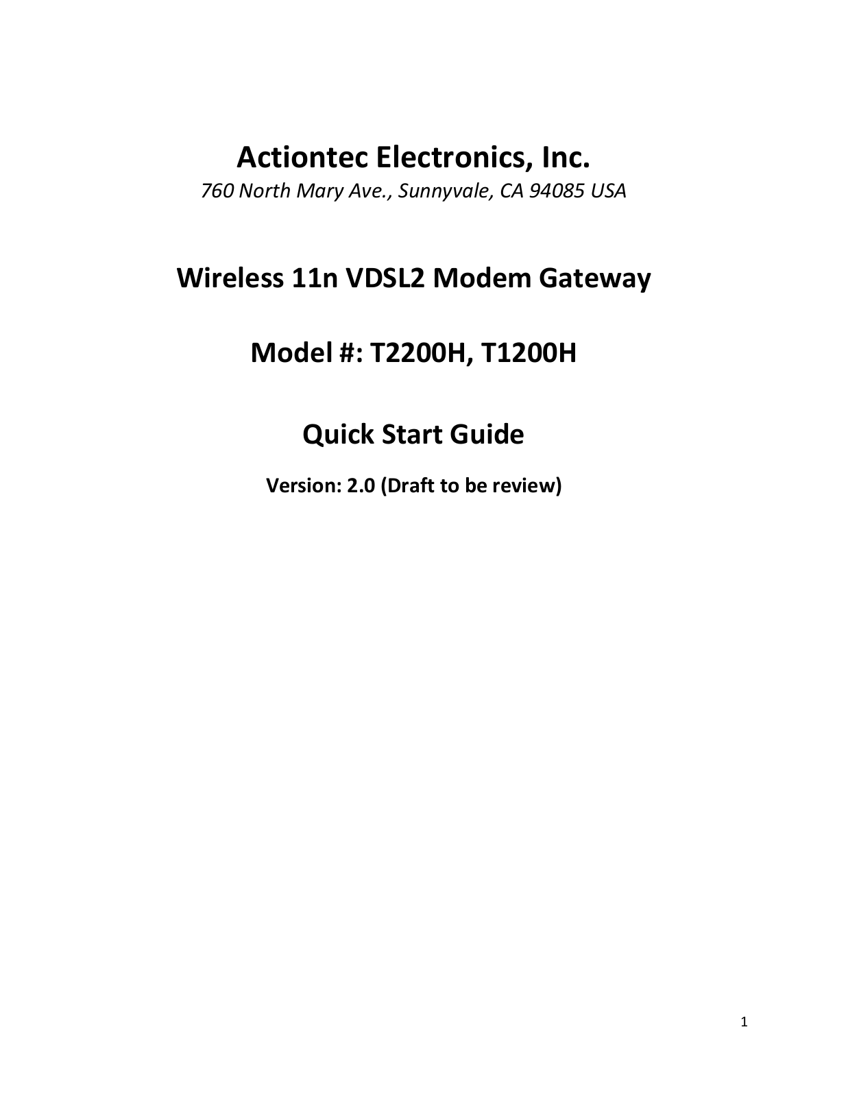 Actiontec T2200H, T1200H Quick Start Guide