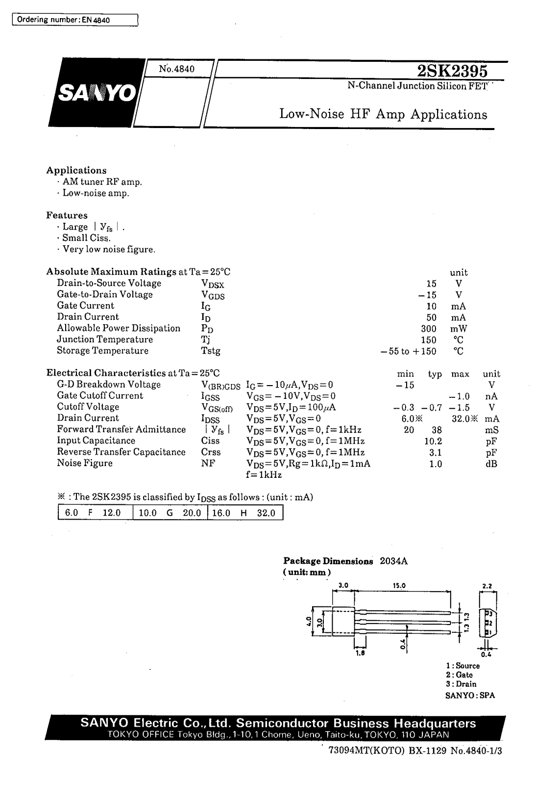 SANYO 2SK2395 Datasheet