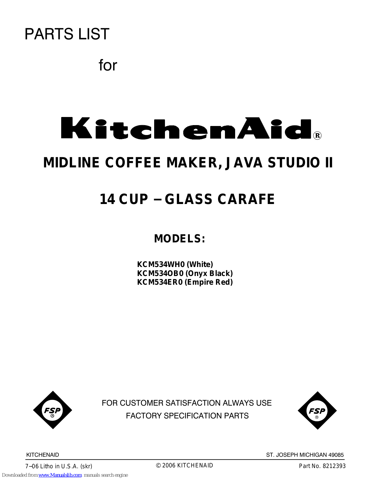 KitchenAid JavaStudio II KCM534ER0, JavaStudio II KCM534OB0, JavaStudio II KCM534WH0 Parts List