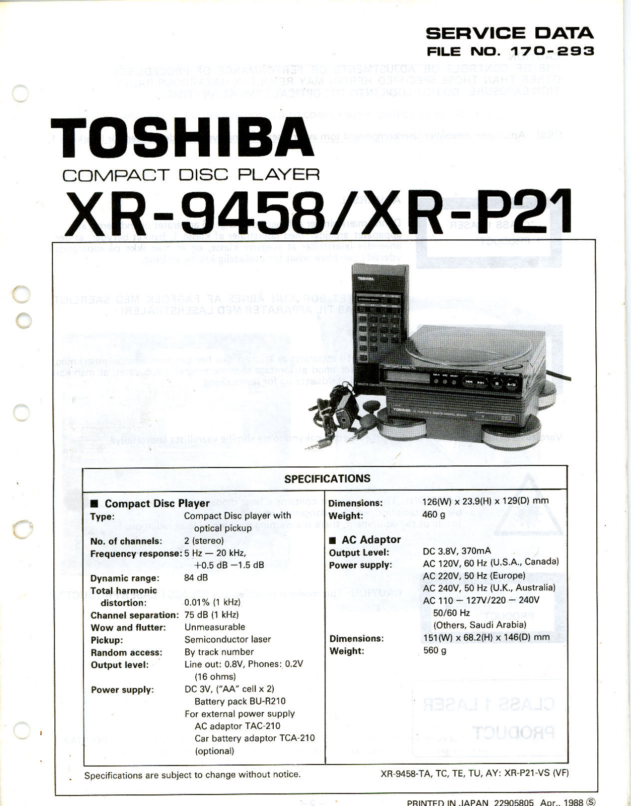 Toshiba XR-9458, XRP-21 Service manual