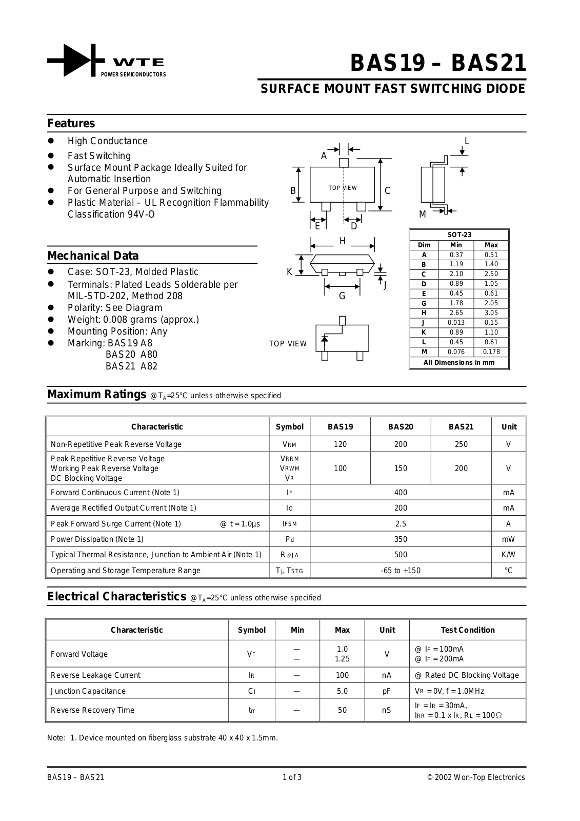 WTE BAS20-T3, BAS20-T1, BAS21-T3, BAS21-T1, BAS19-T3 Datasheet