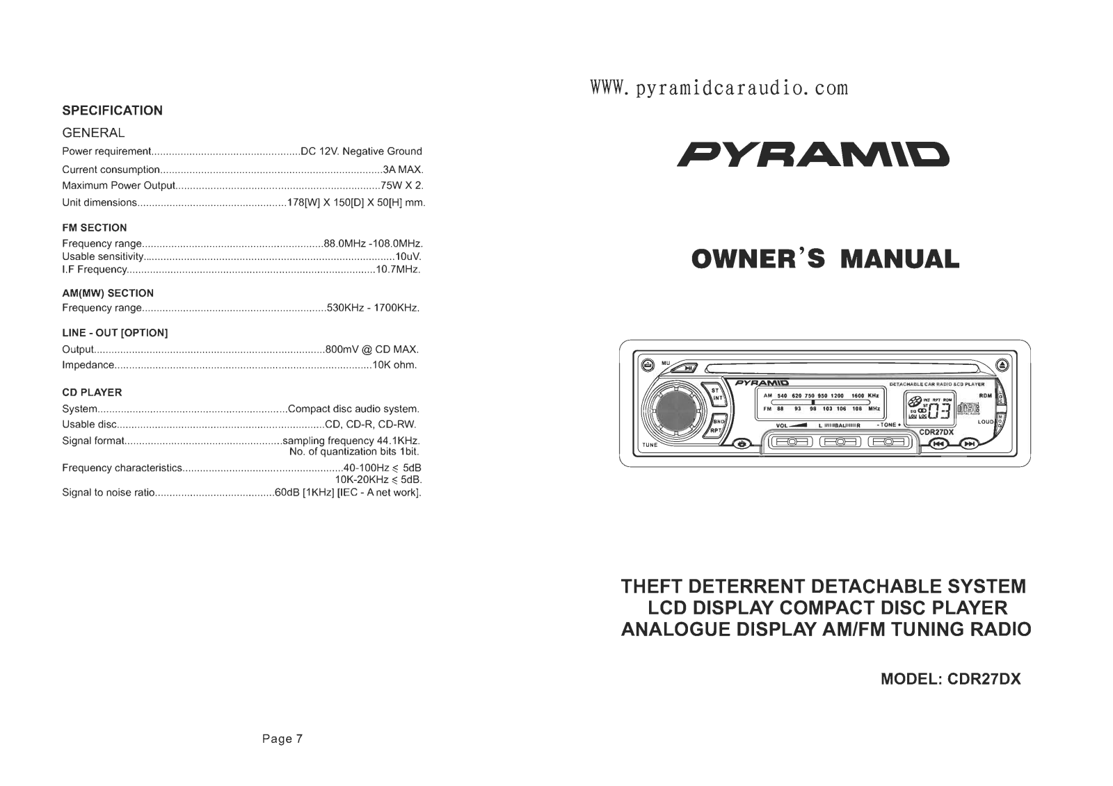 Pyramid Car Audio CDR27DX User Manual