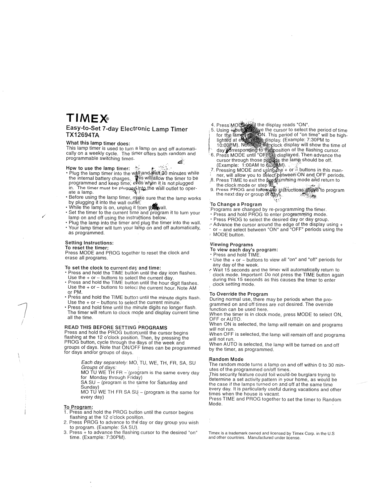 Timex TX12694TA Manual