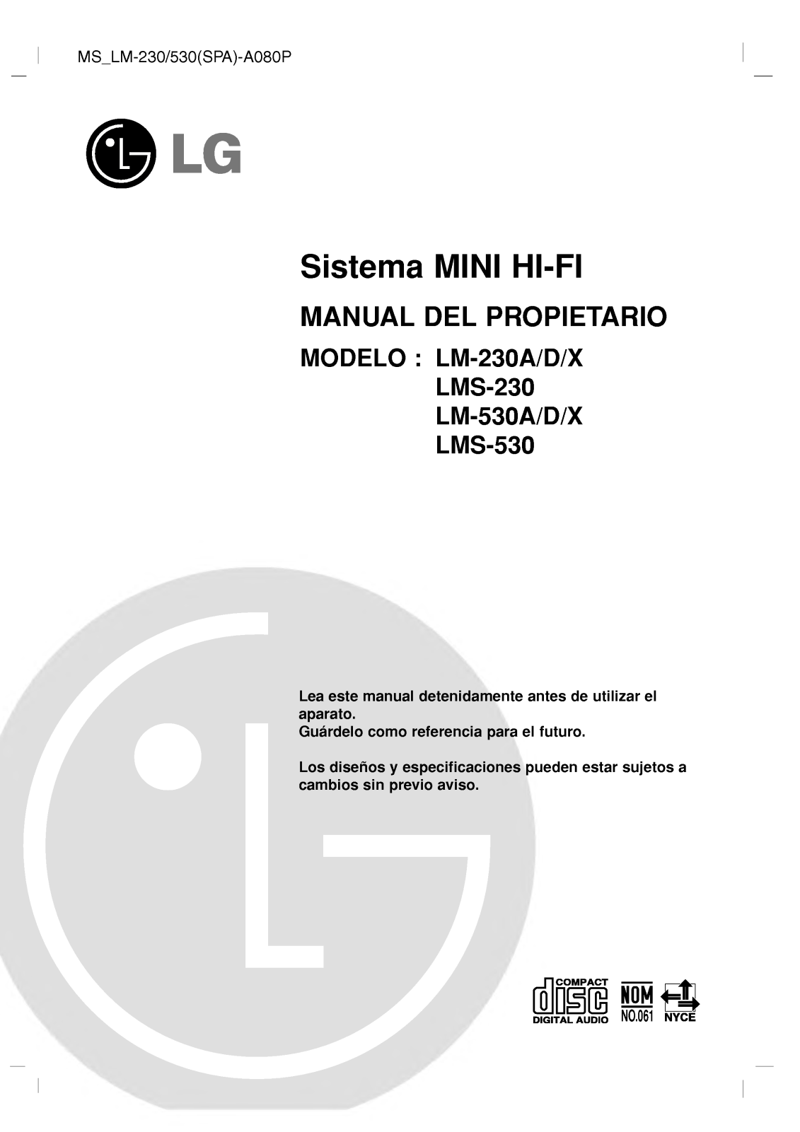 Lg LM-230A, LM-230D, LM-230X, LMS-230, LM-530A User Manual