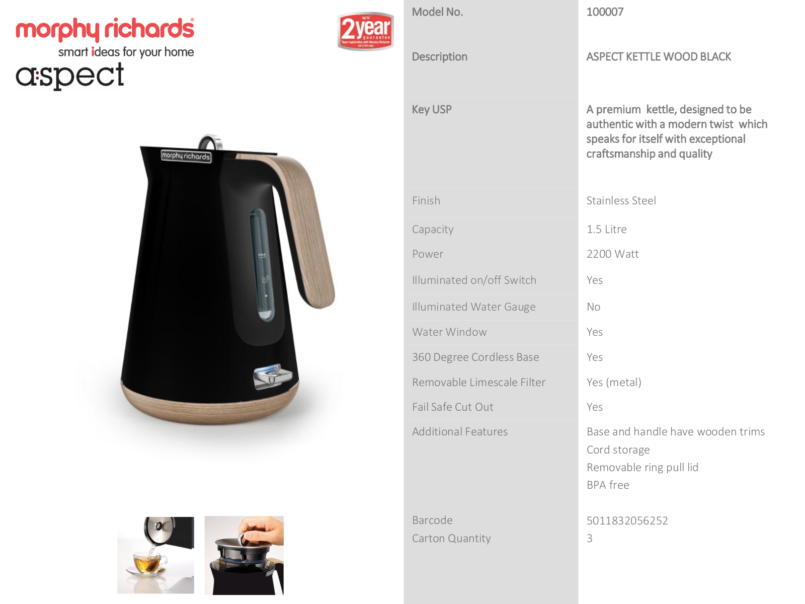 Morphy Richards 240007100007, 100007 Specifications Sheet