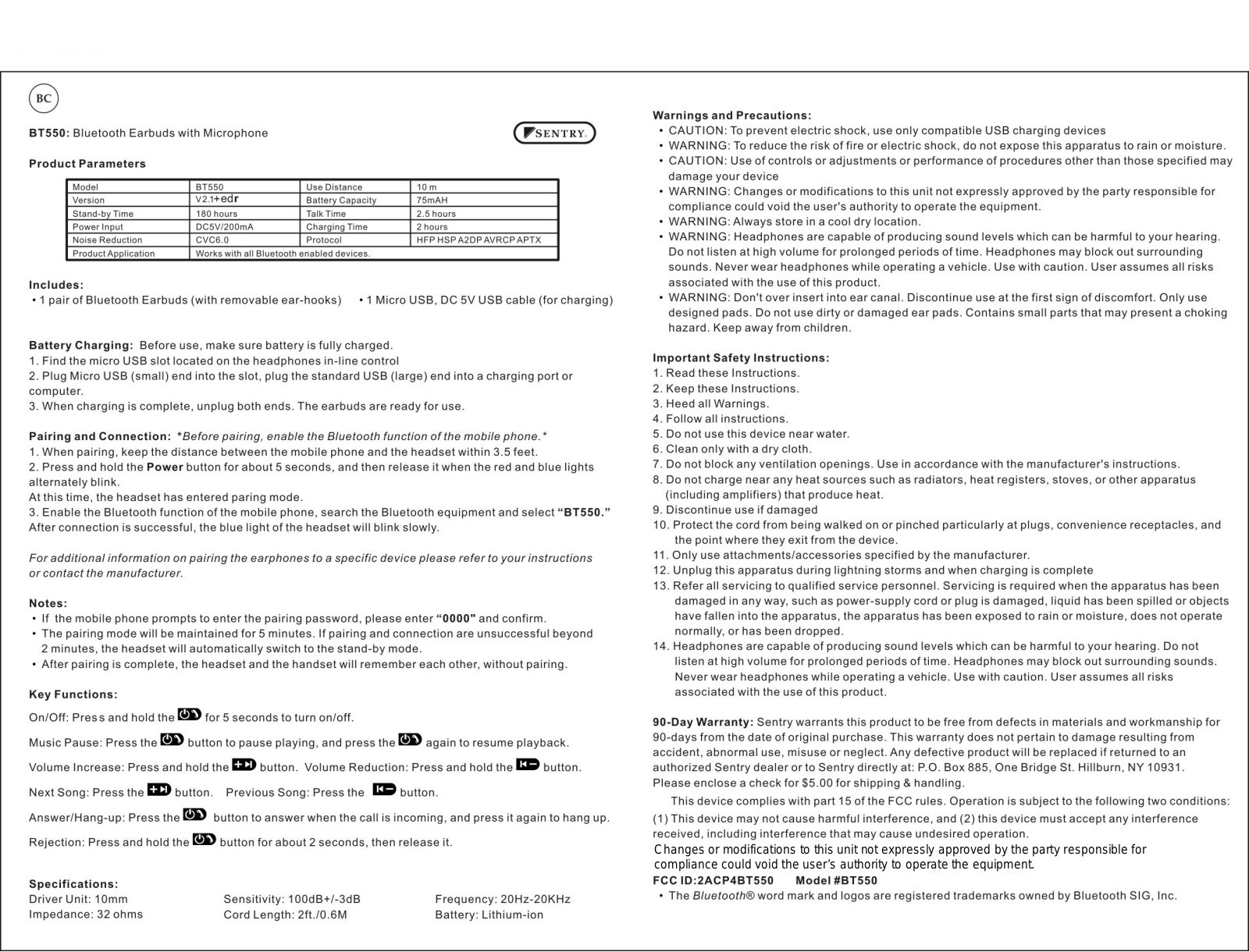 SENTRY BT550 User Manual