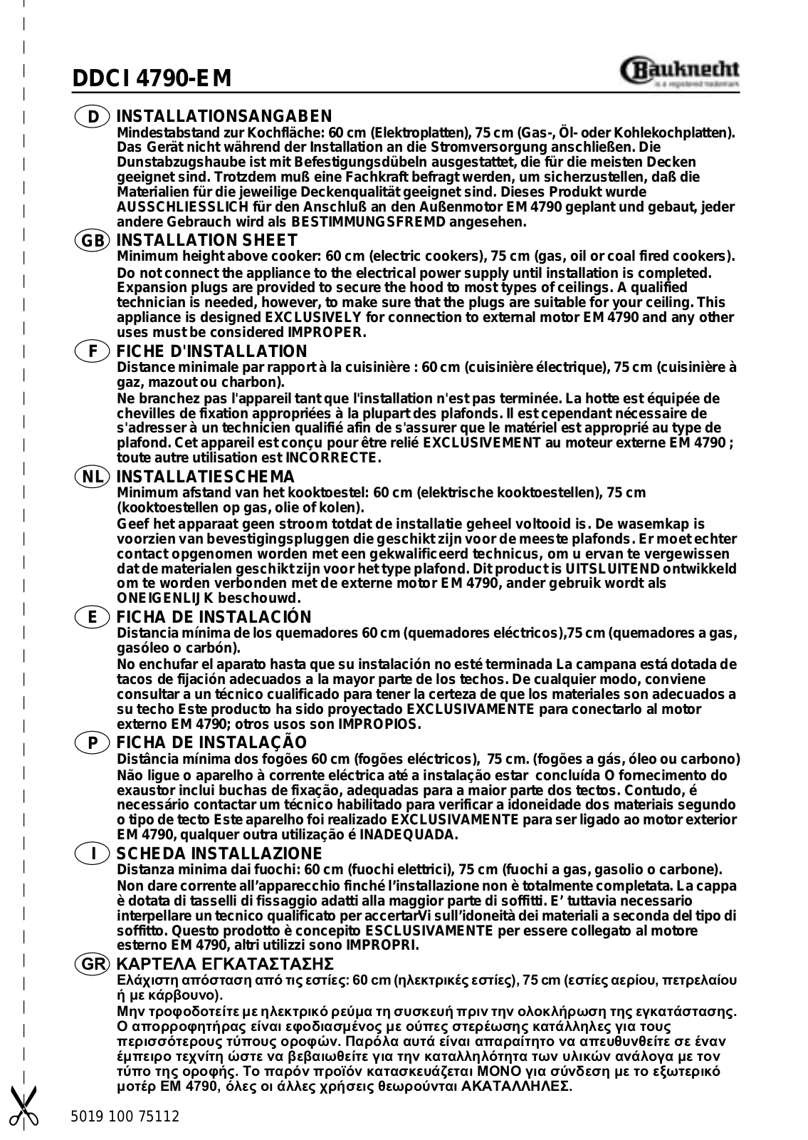 Whirlpool DDCI 4790-EM INSTALLATION SHEET