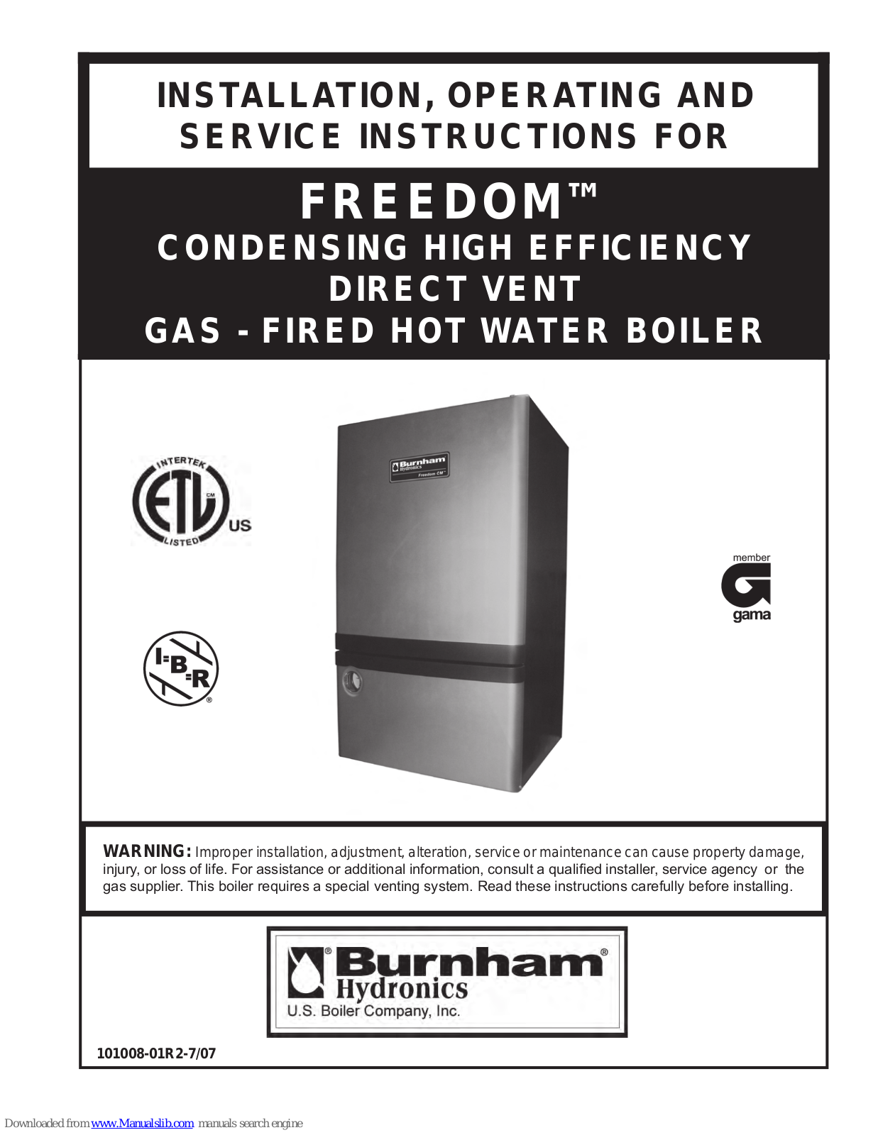 Burnham FREEDOM Installation, Operating And Service Instructions