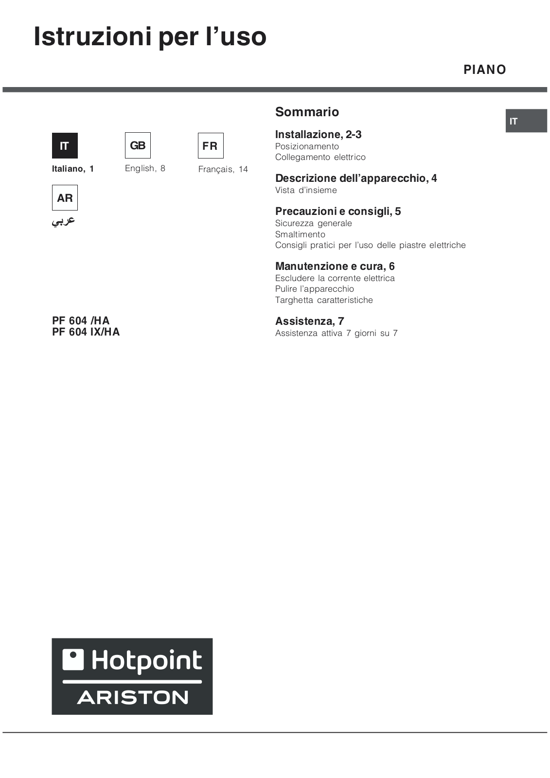 Hotpoint PF 604 User Manual