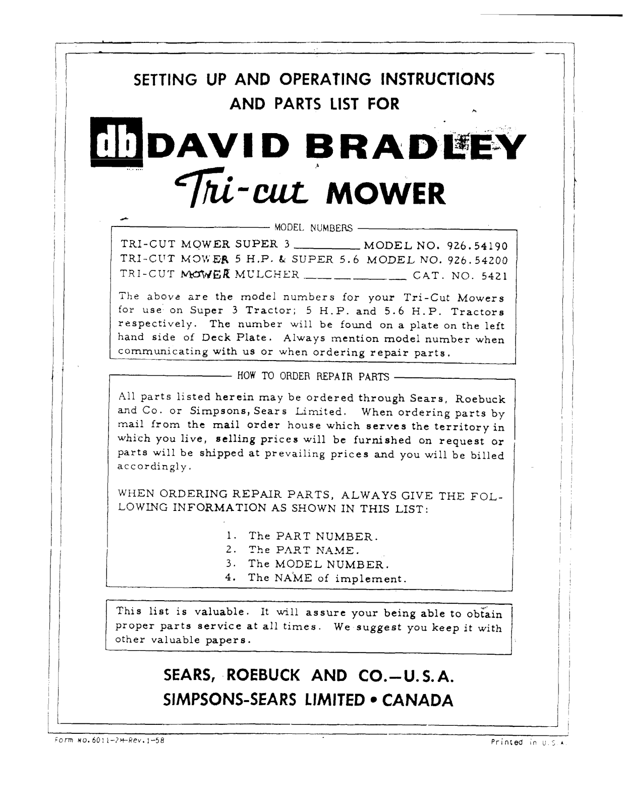 David Bradley 926.54190, 926.54200 Operating Instruction