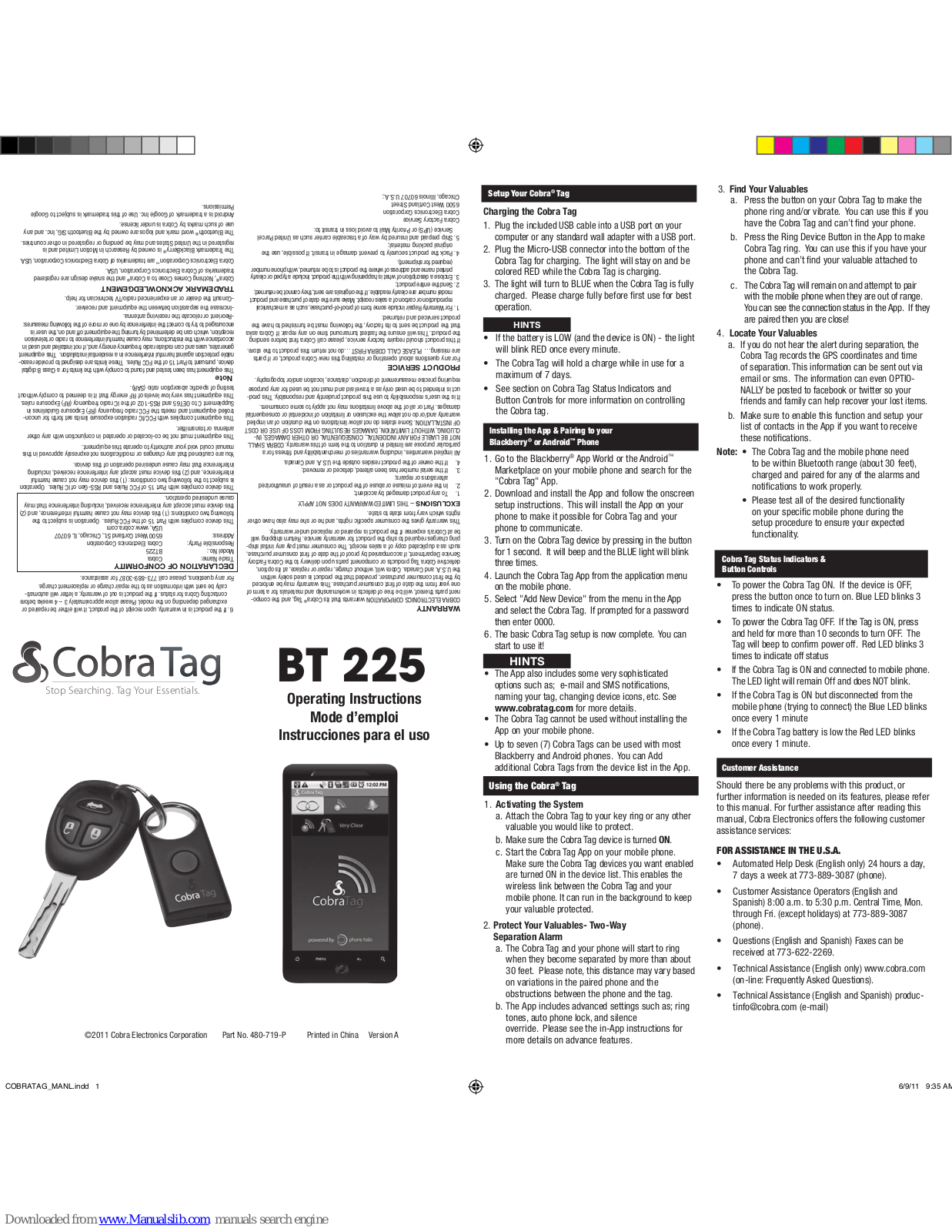 Cobra Tag BT 225 Operating Instructions Manual