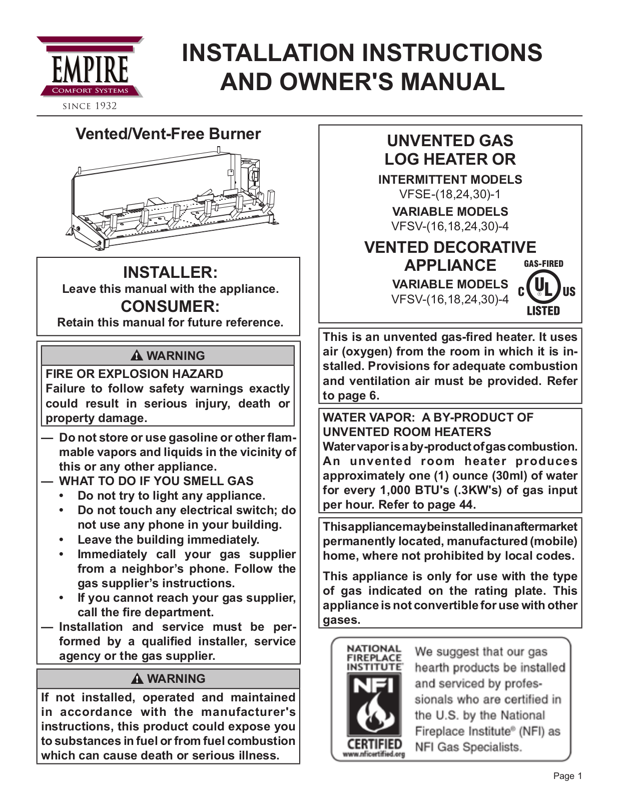 Empire Vented, Vent-Free Burner User Manual