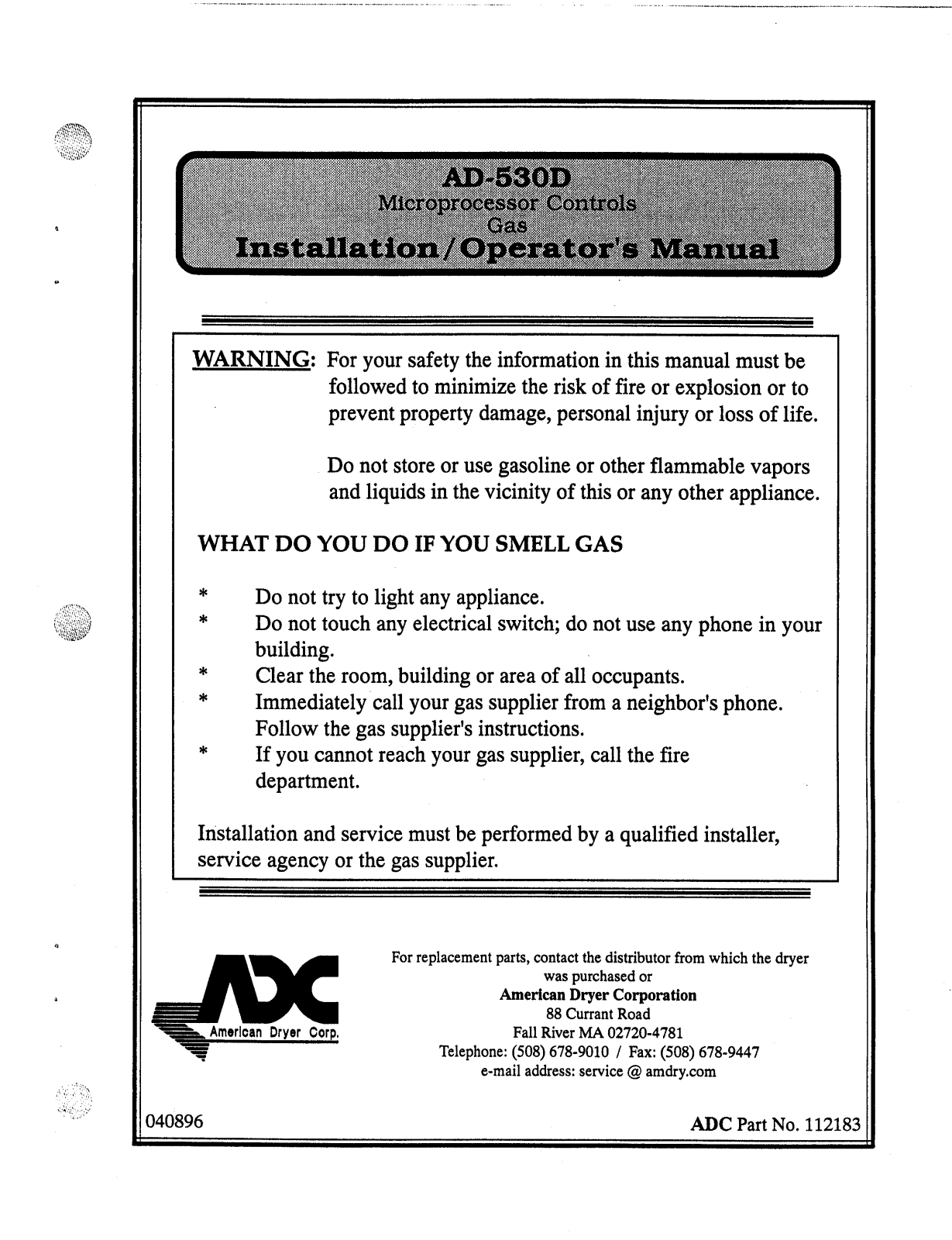 American Dryer Corp Microprocessor Control Gas v User Manual