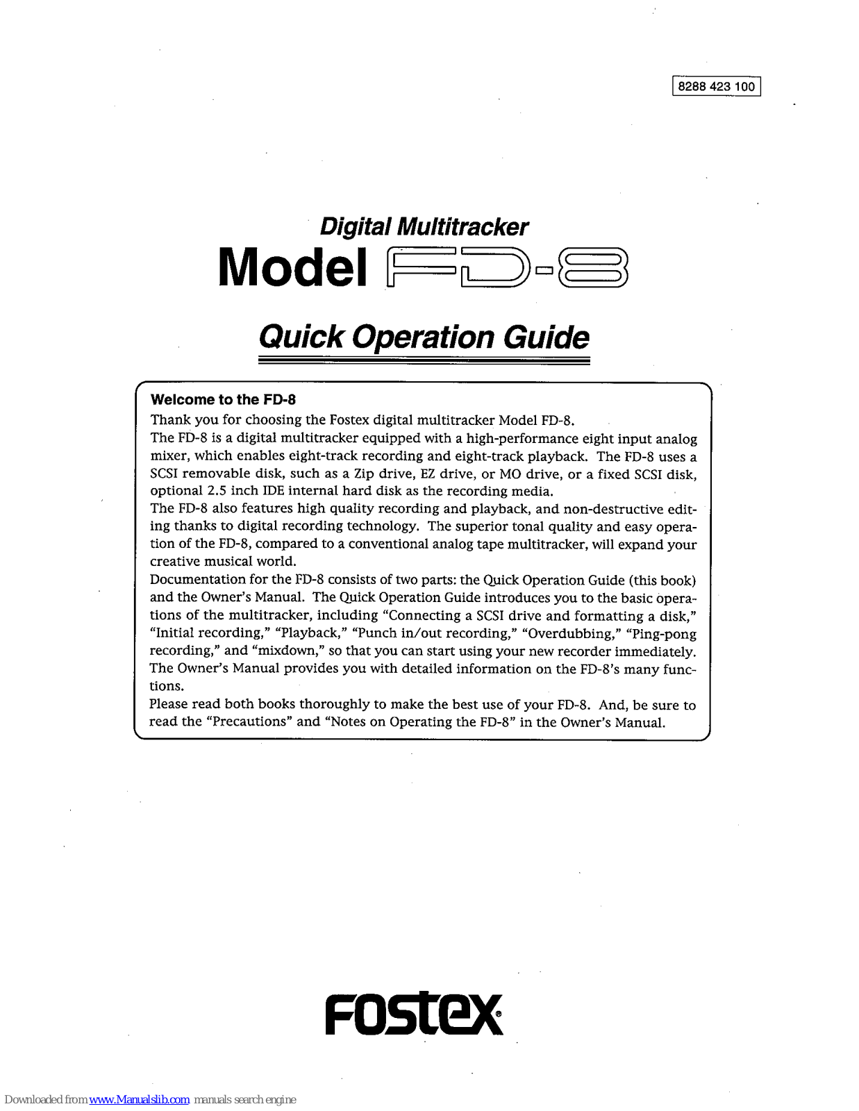 Fostex DIGITAL MULTITRACKER FD-8 Quick Operation Manual - ManualMachine.com