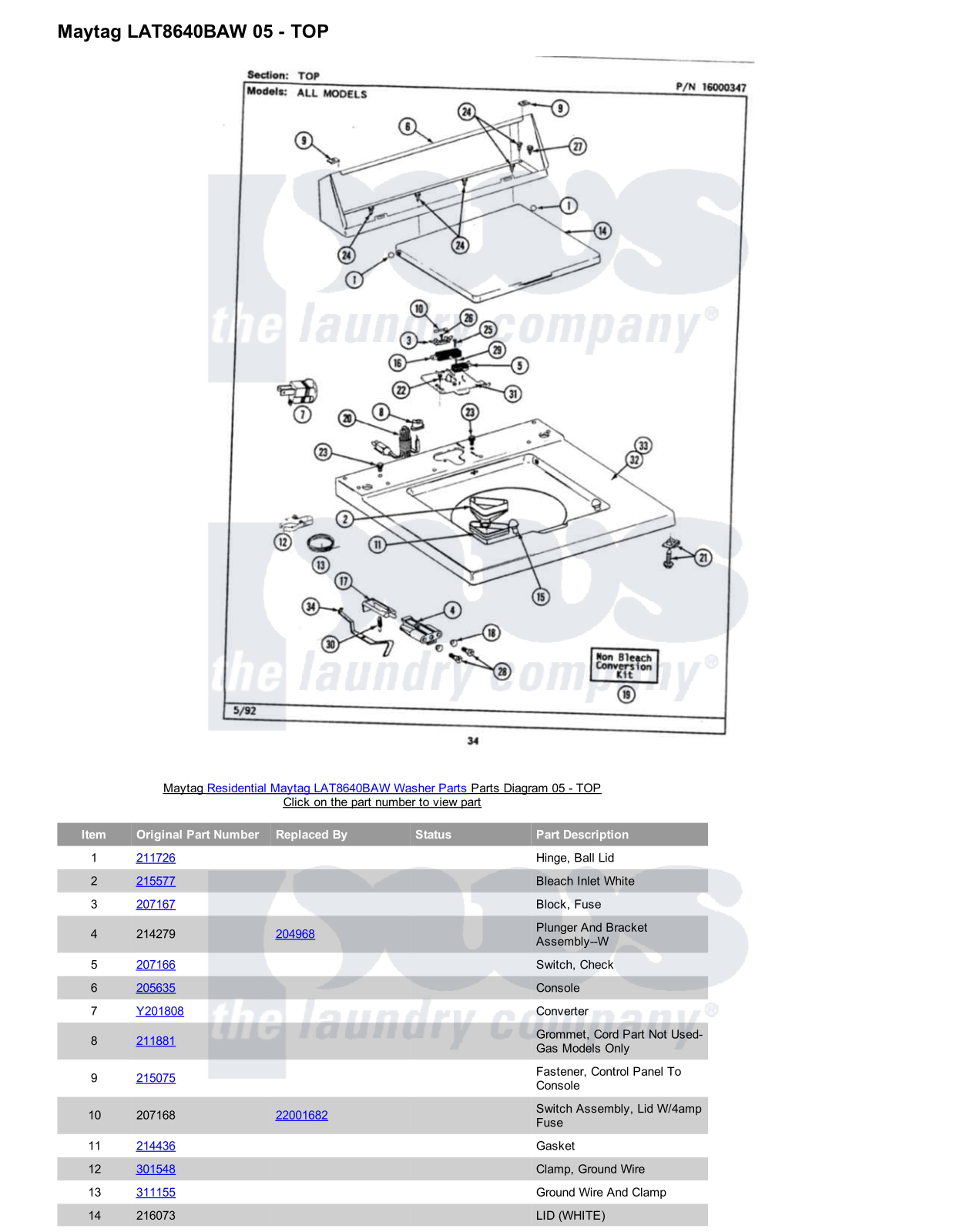 Maytag LAT8640BAW Parts Diagram