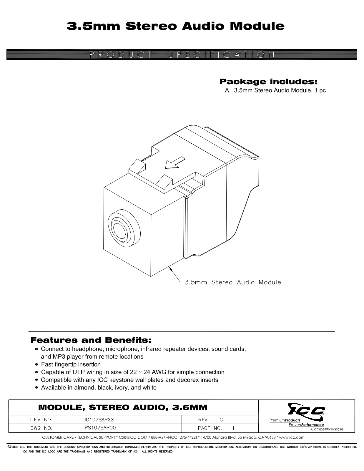 ICC IC107SAPAL, IC107SAPBK, IC107SAPIV, IC107SAPWH Specsheet