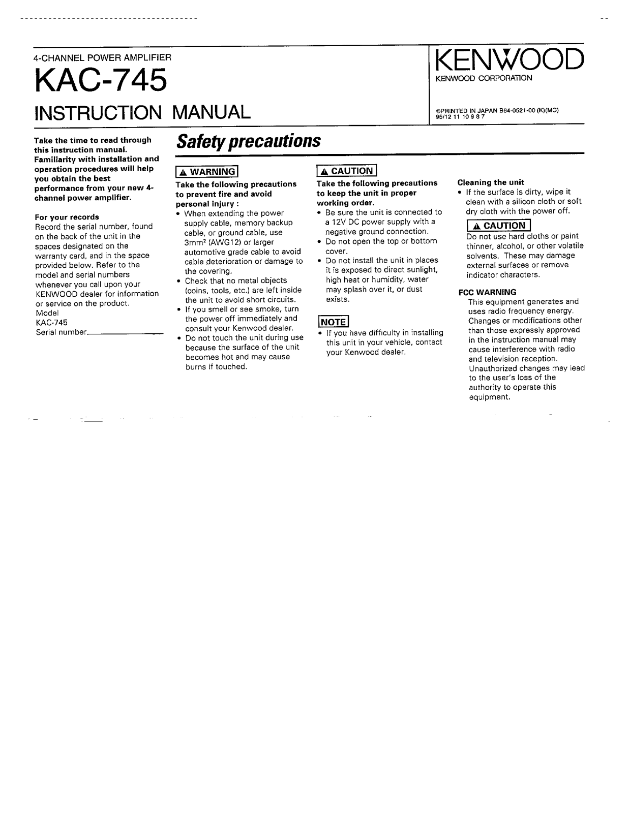 Kenwood KAC-745 Owner's Manual