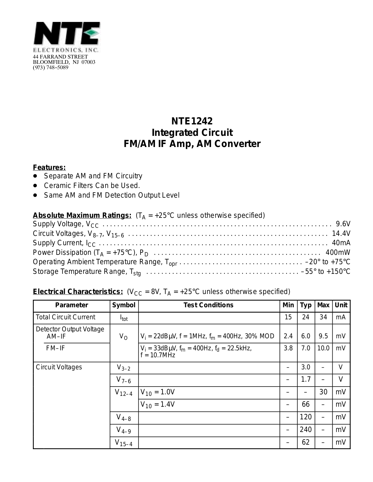 Datasheet NTE1242 Datasheet (NTE) - ManualMachine.com