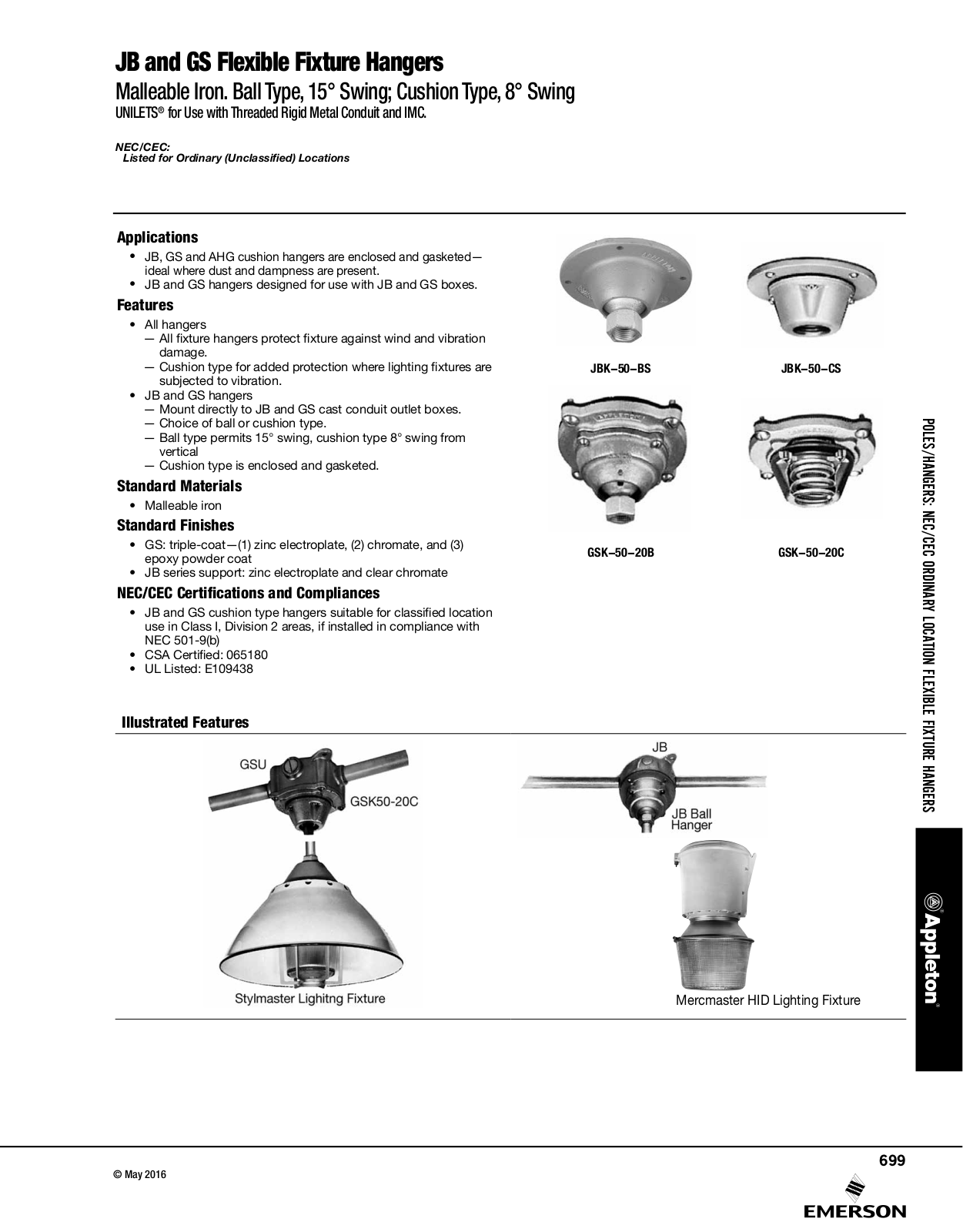 Appleton JB  Flexible Fixture Hangers, GS Flexible Fixture Hangers Catalog Page