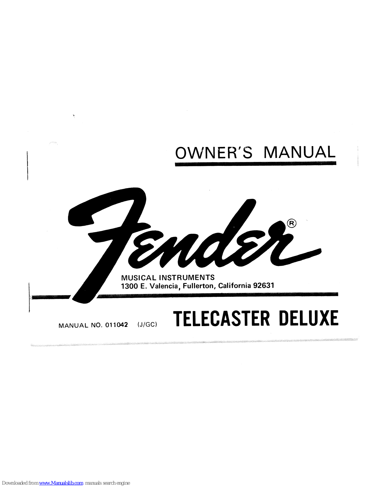 Fender 72 Telecaster Deluxe, Tele Deluxe, Telecaster Deluxe Owner's Manual