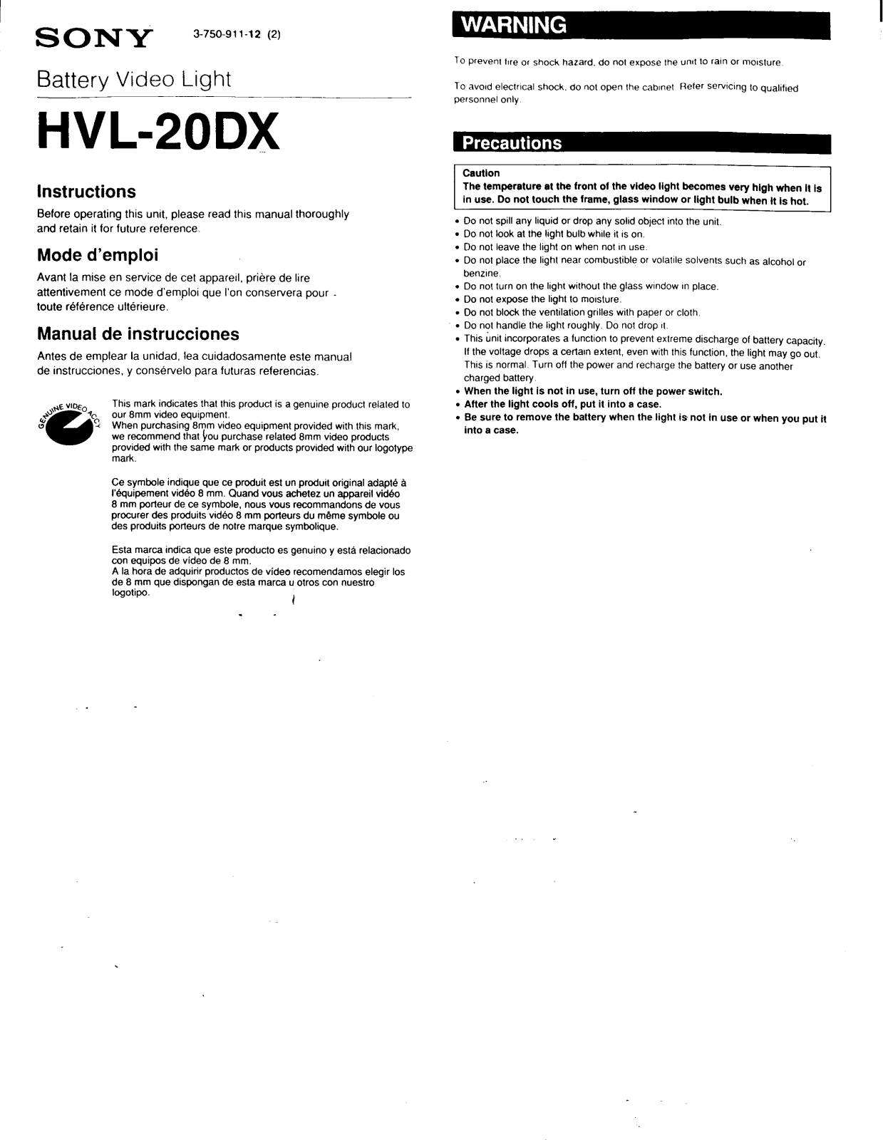 Sony HVL-20DX Operating Instructions