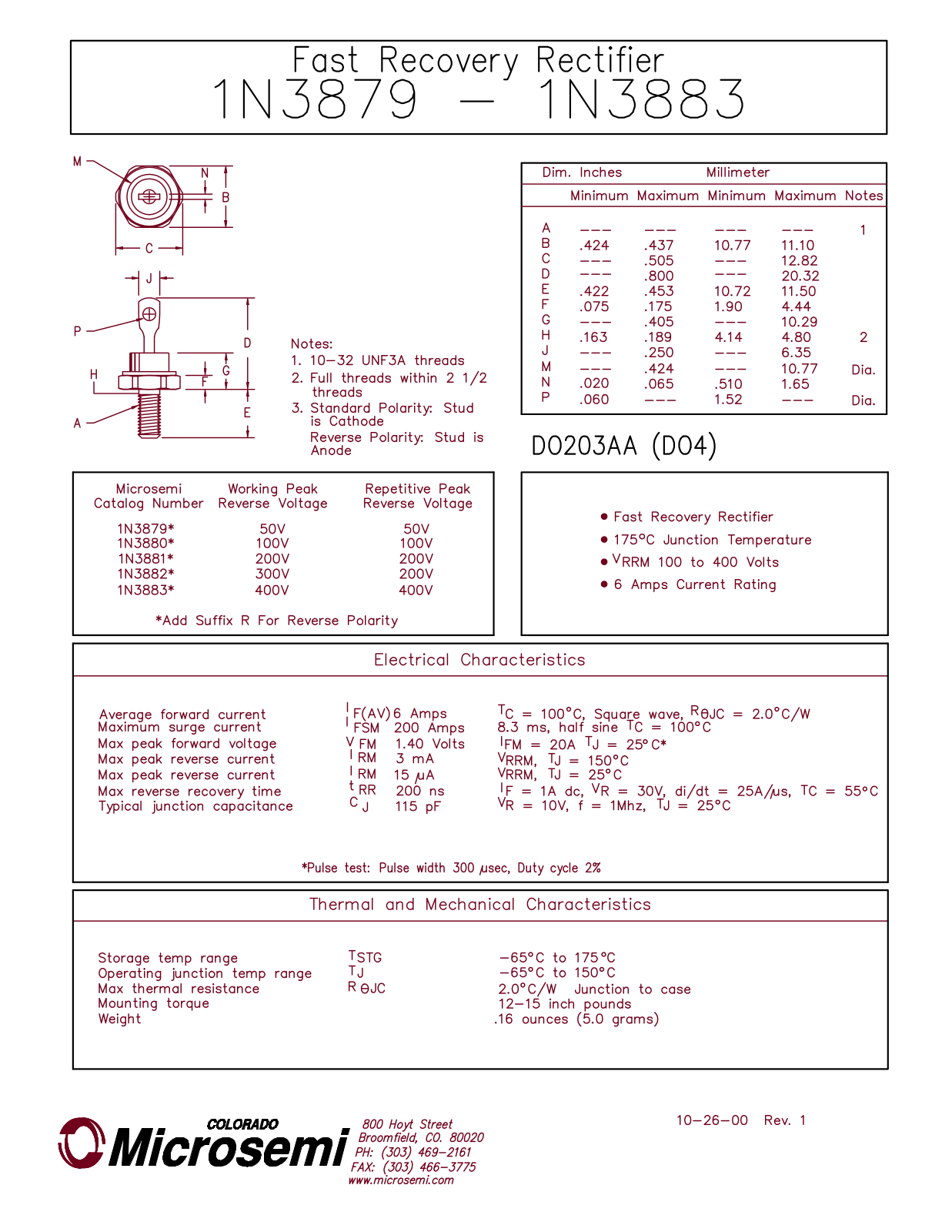 Microsemi Corporation 1N3883R, 1N3883, 1N3882R, 1N3882, 1N3881R Datasheet