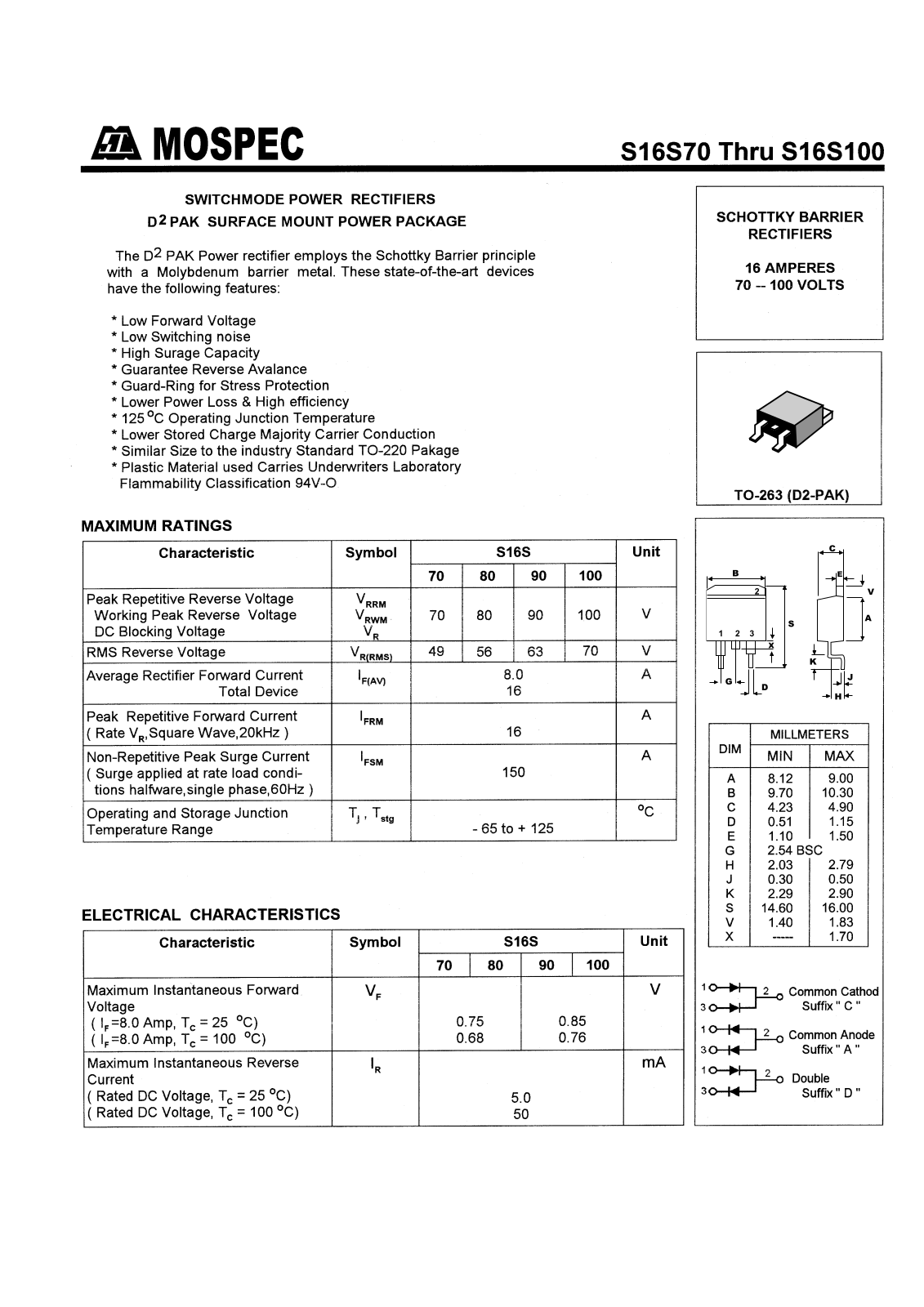 MOSPEC S16S100, S16S70, S16S80, S16S90 Datasheet