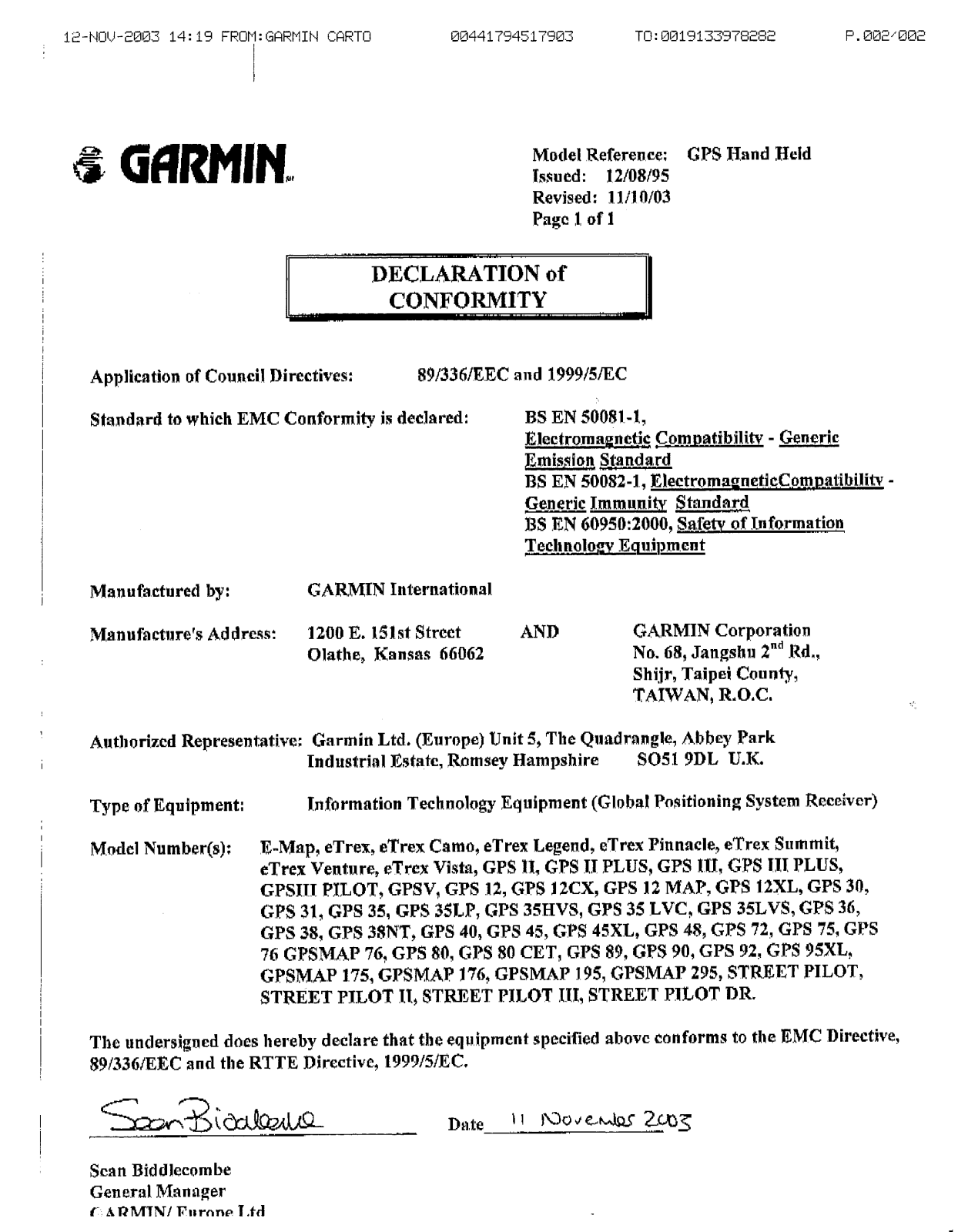 Garmin GPS V Declaration of Conformity