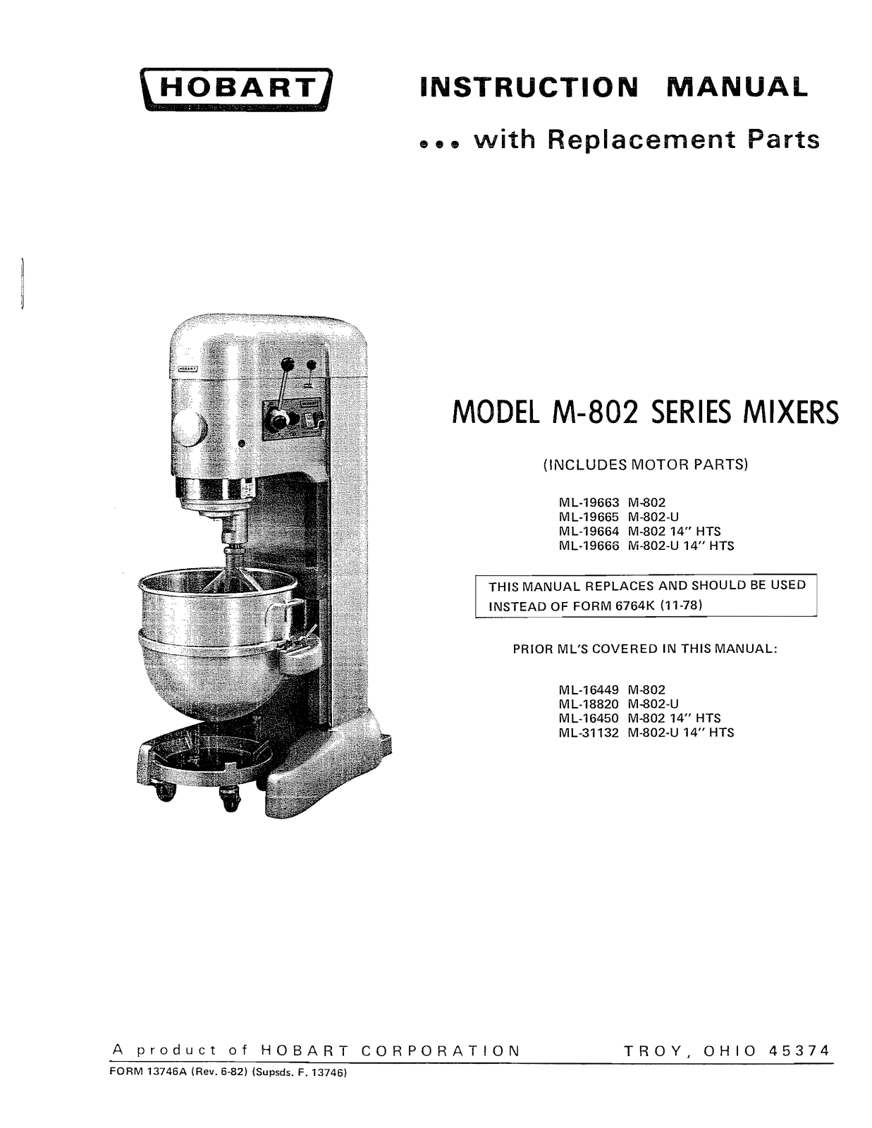 Hobart Food Machines M802U Installation  Manual