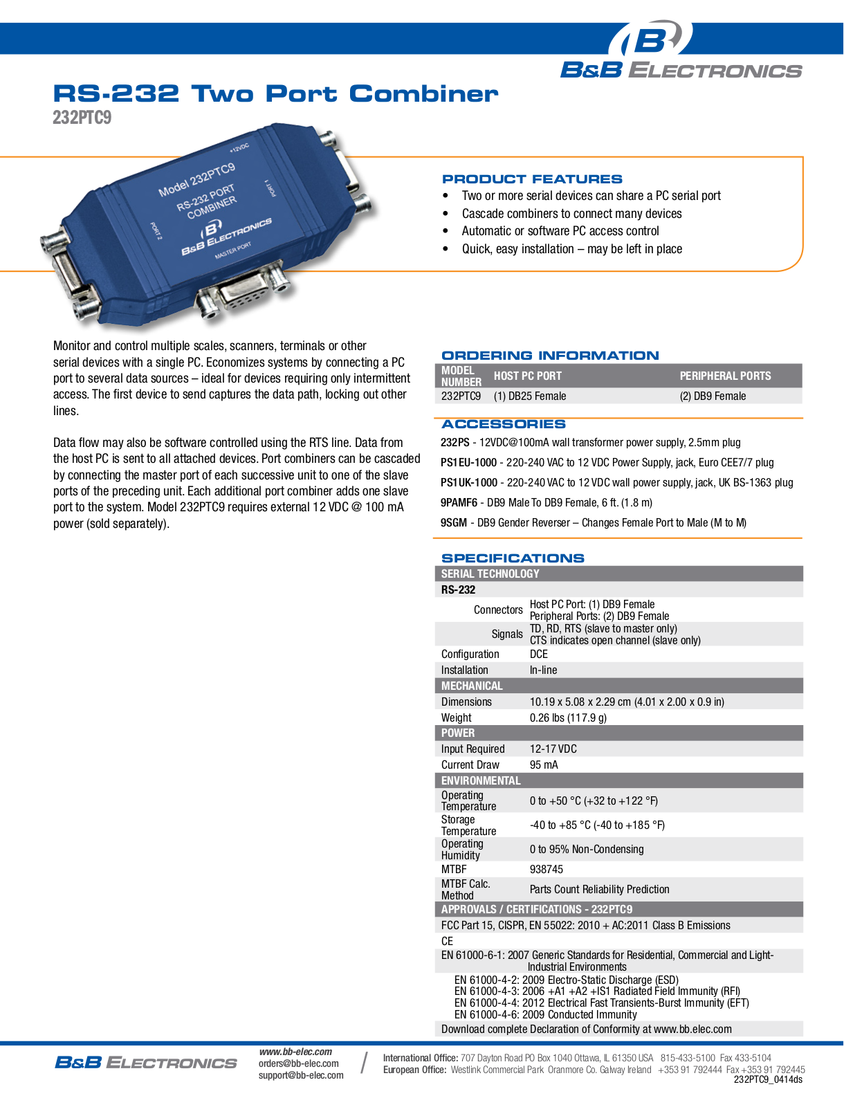 B&B Electronics 232PTC9 Datasheet