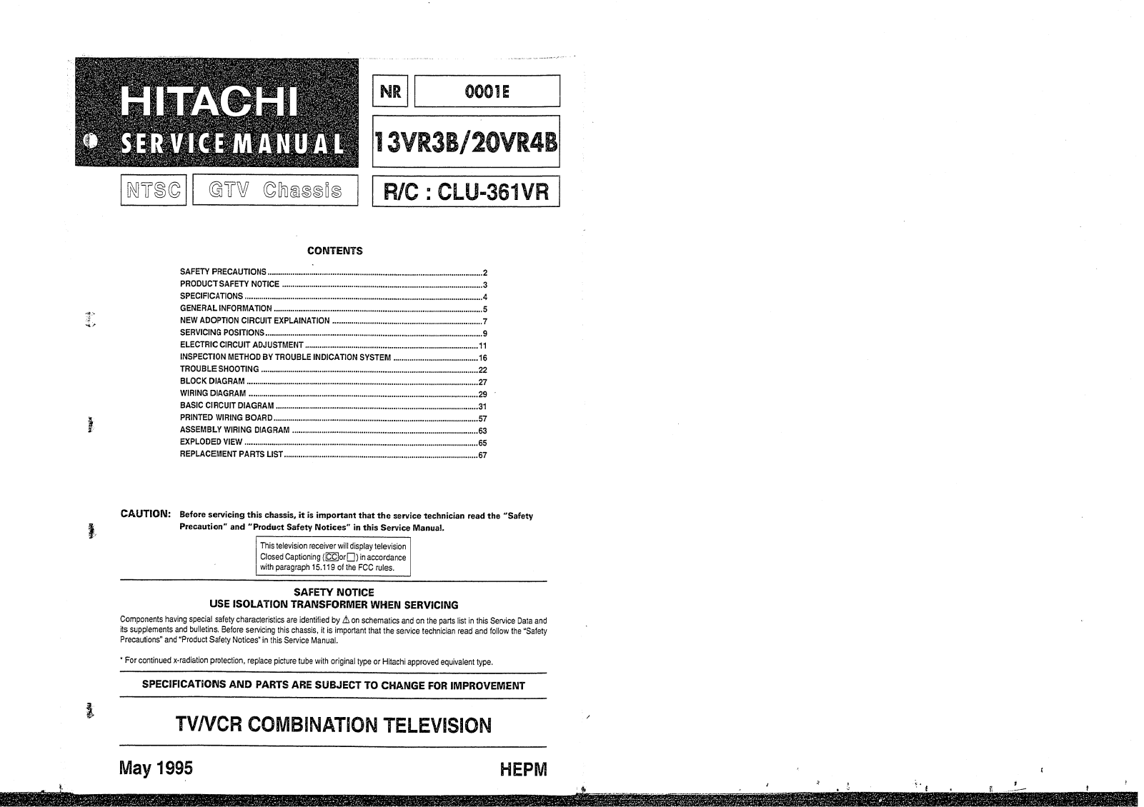 Hitachi 20vr4b, 13vr3b Service Manual