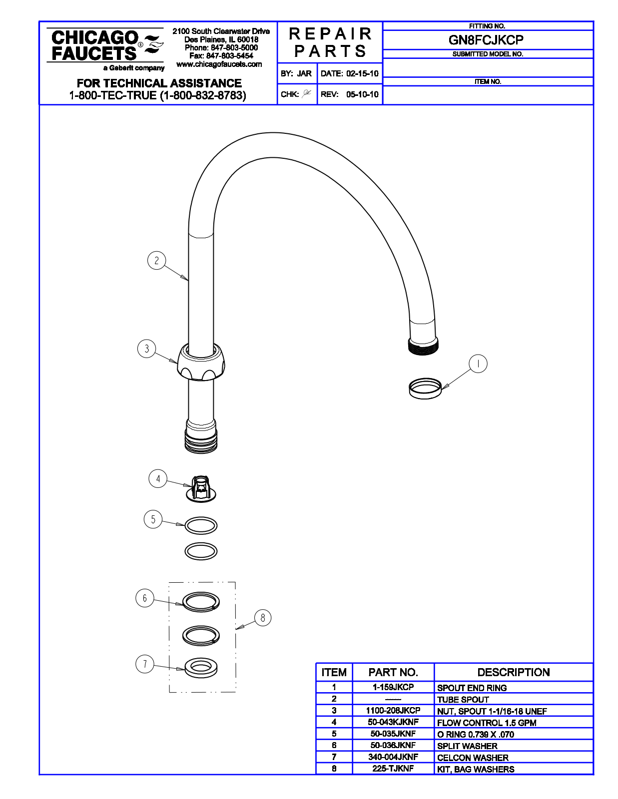 Chicago Faucet GN8FCJKCP Parts List