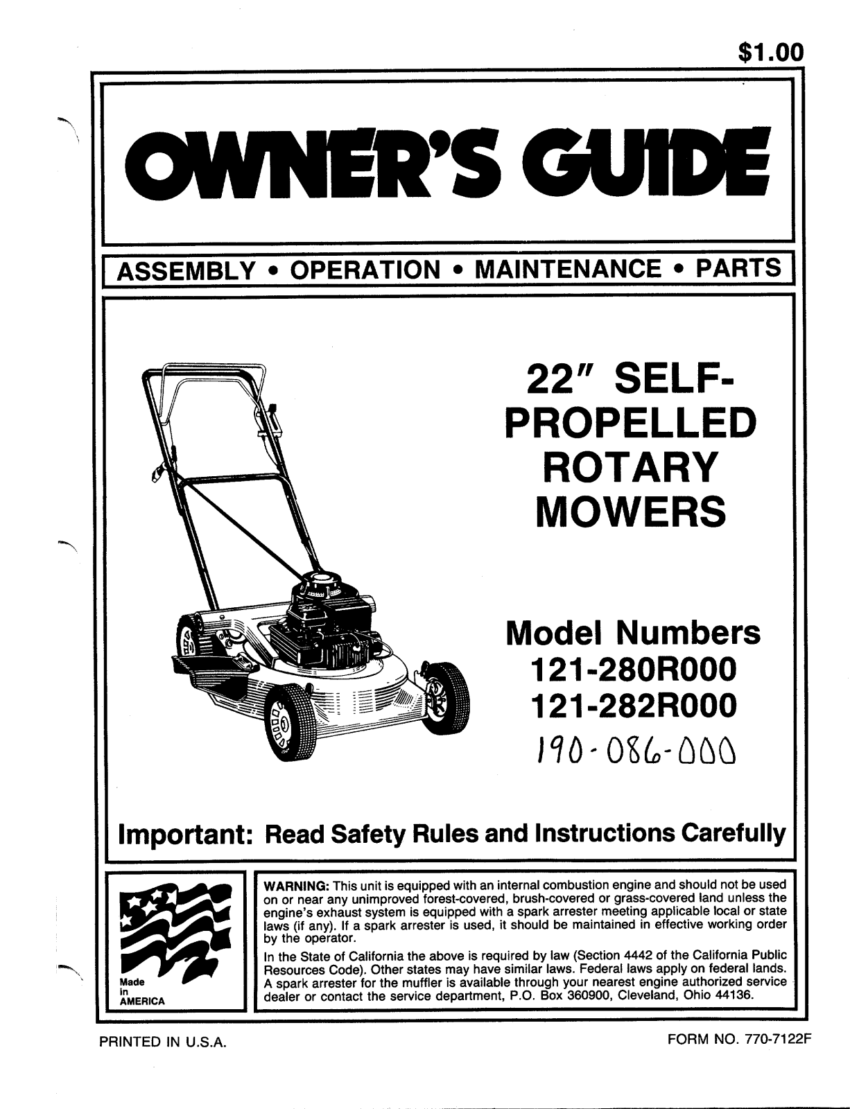 MTD 121-282R000, 121-280R000, 190-186-000 User Manual