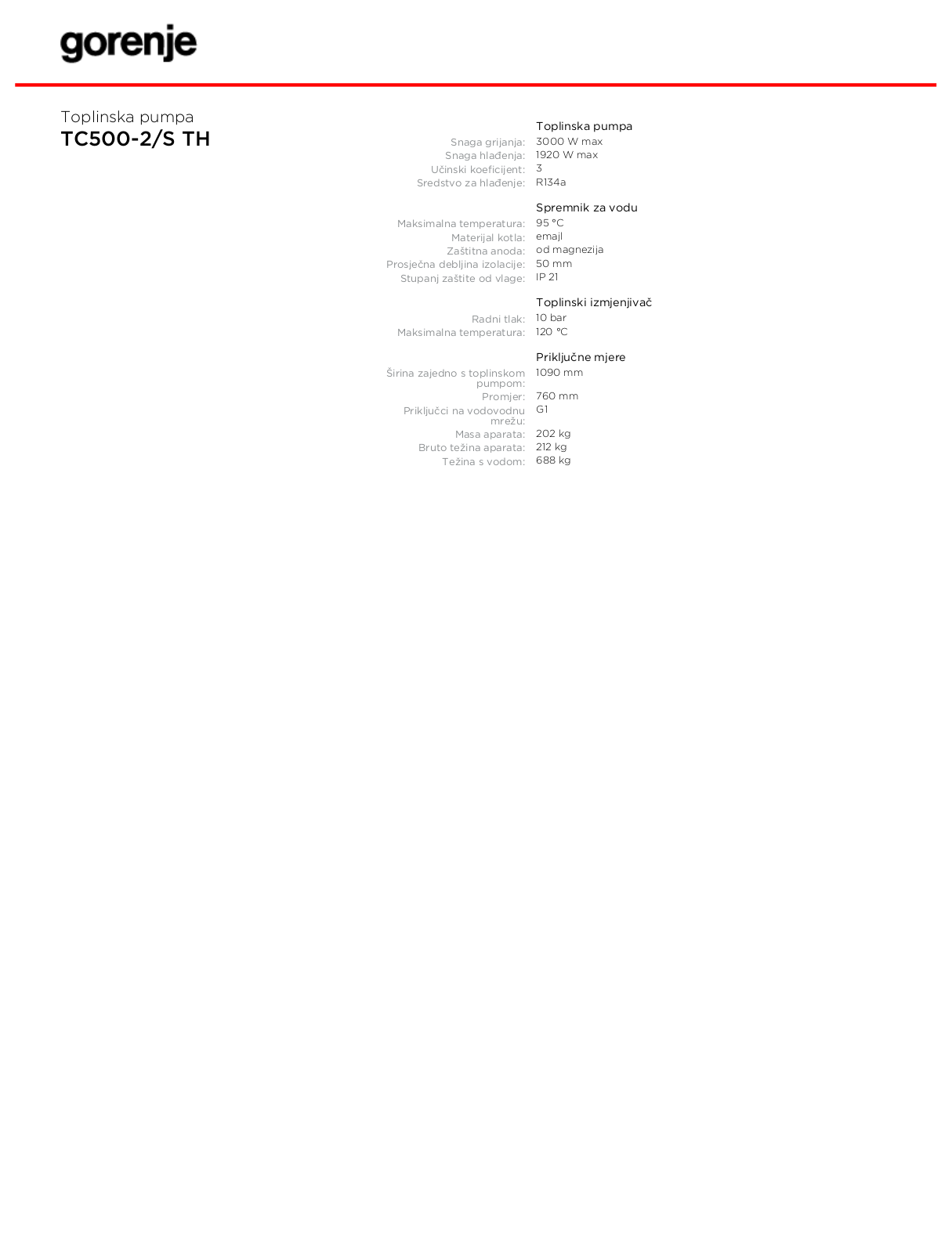 Gorenje TC500-2-S TH DATASHEET