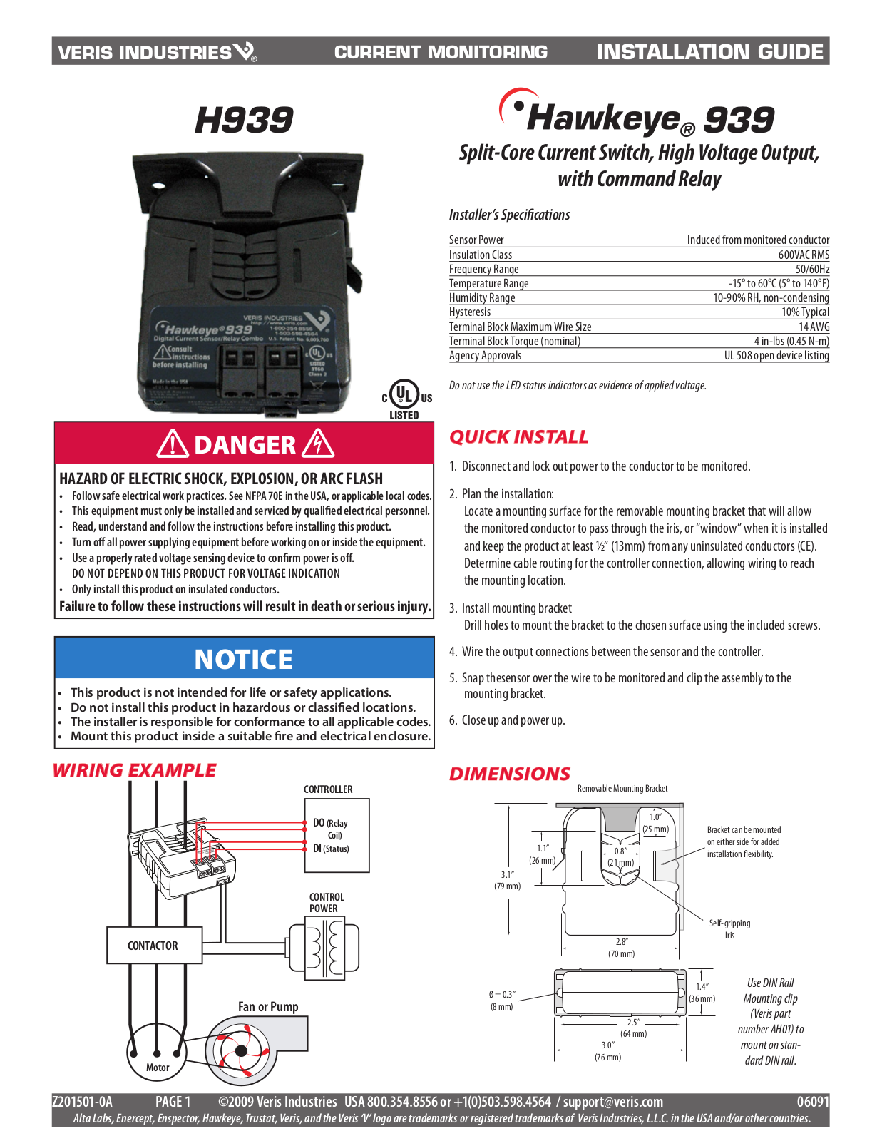 Veris H939 Installation Instructions