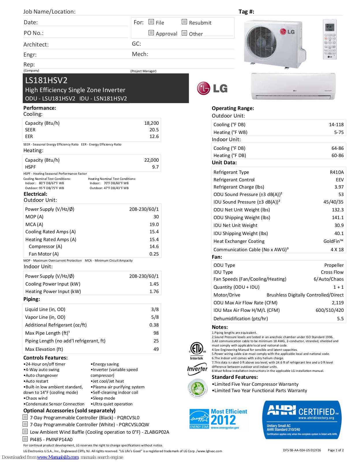 LG LSN181HSV2, LSU181HSV2 Specification