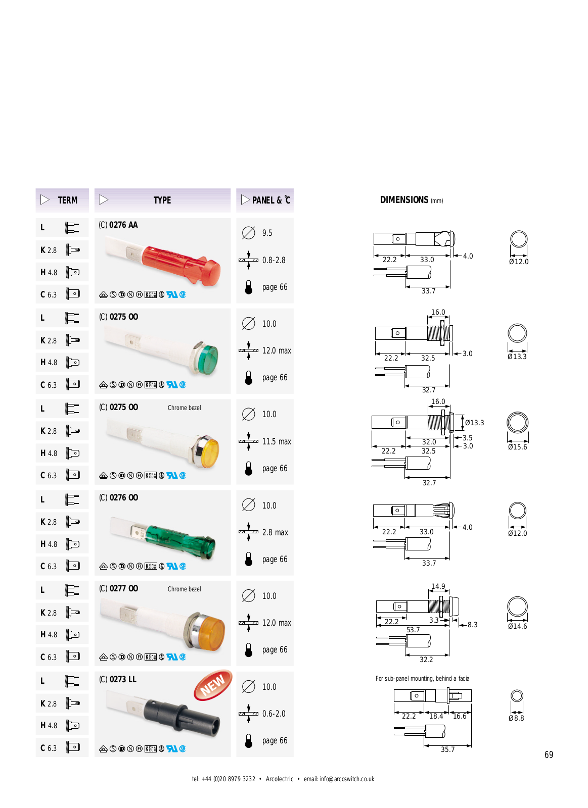 ARCOLECTRIC 0276 AA, 0275 OO, 0276 OO, 0277 OO, 0273 LL User Manual