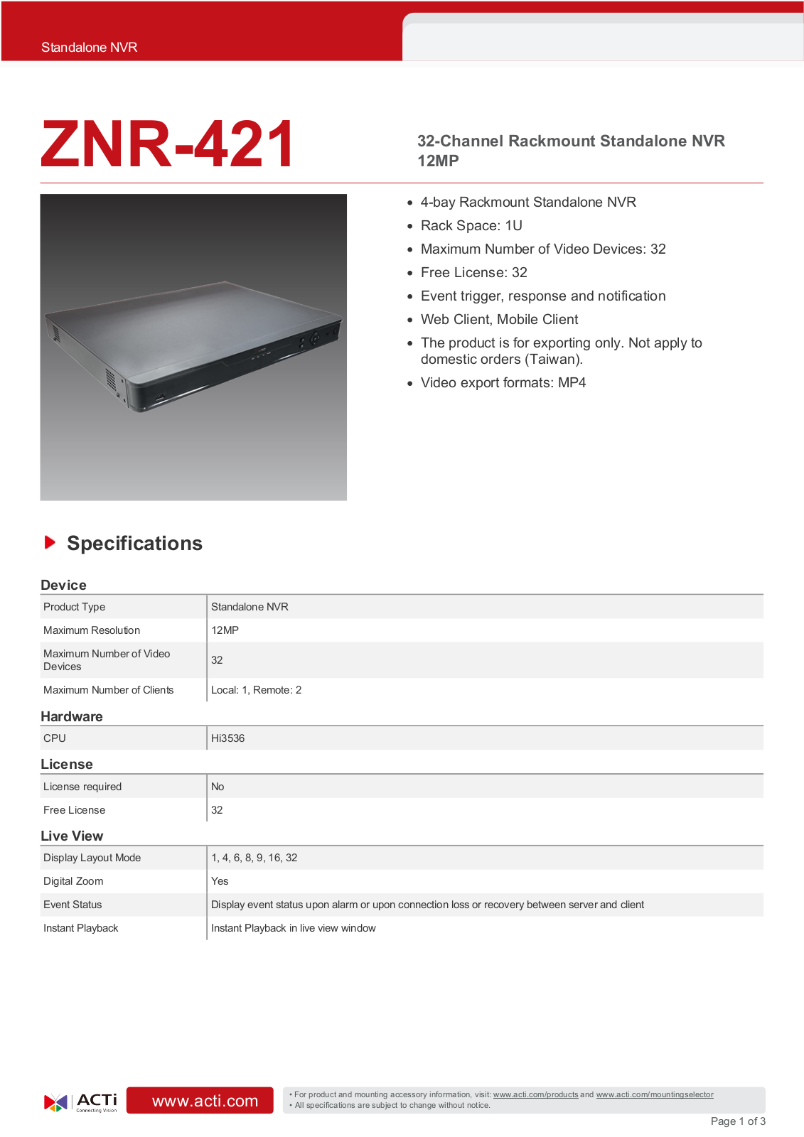 ACTi ZNR-421 Specsheet