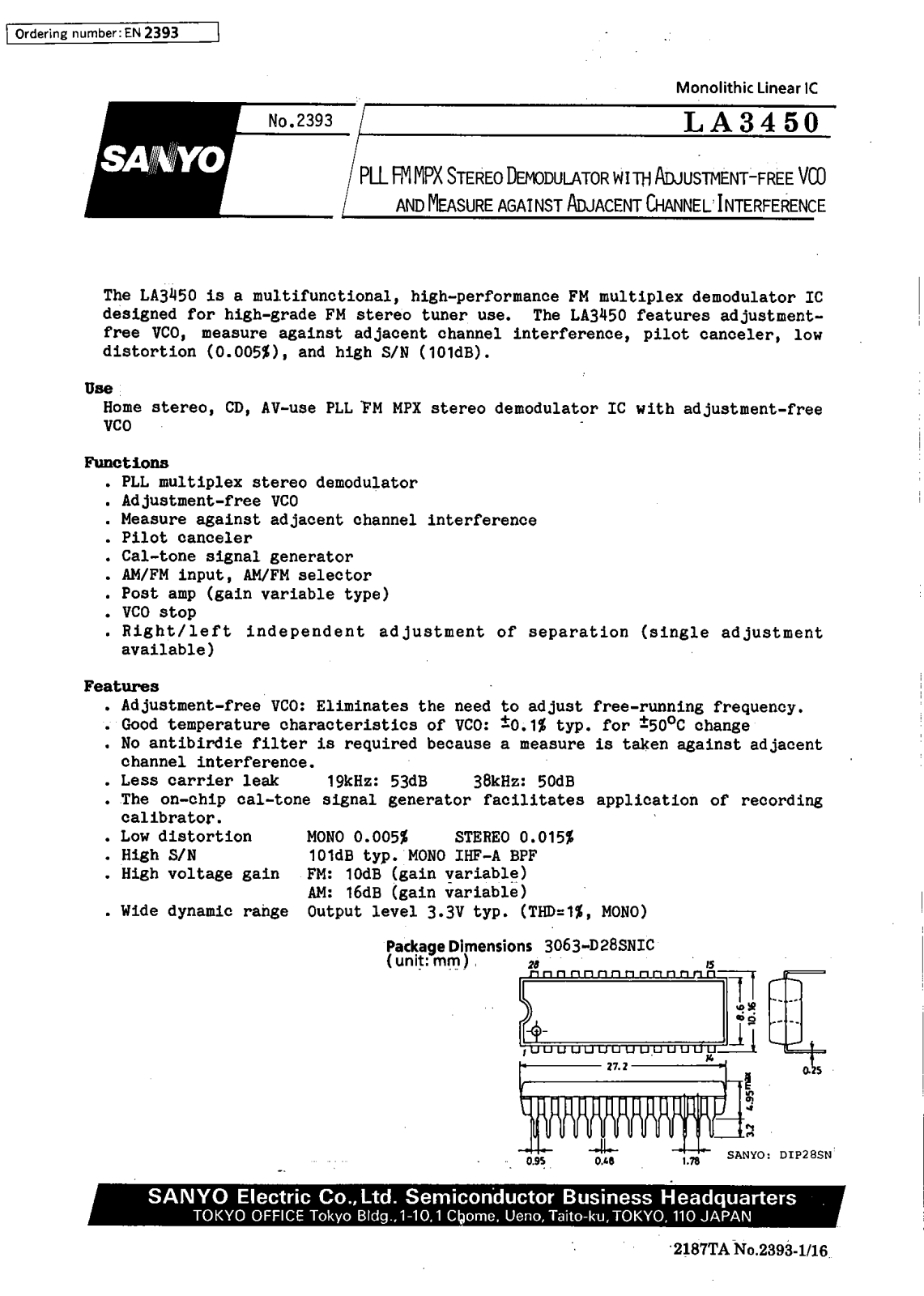 SANYO LA3450 Datasheet