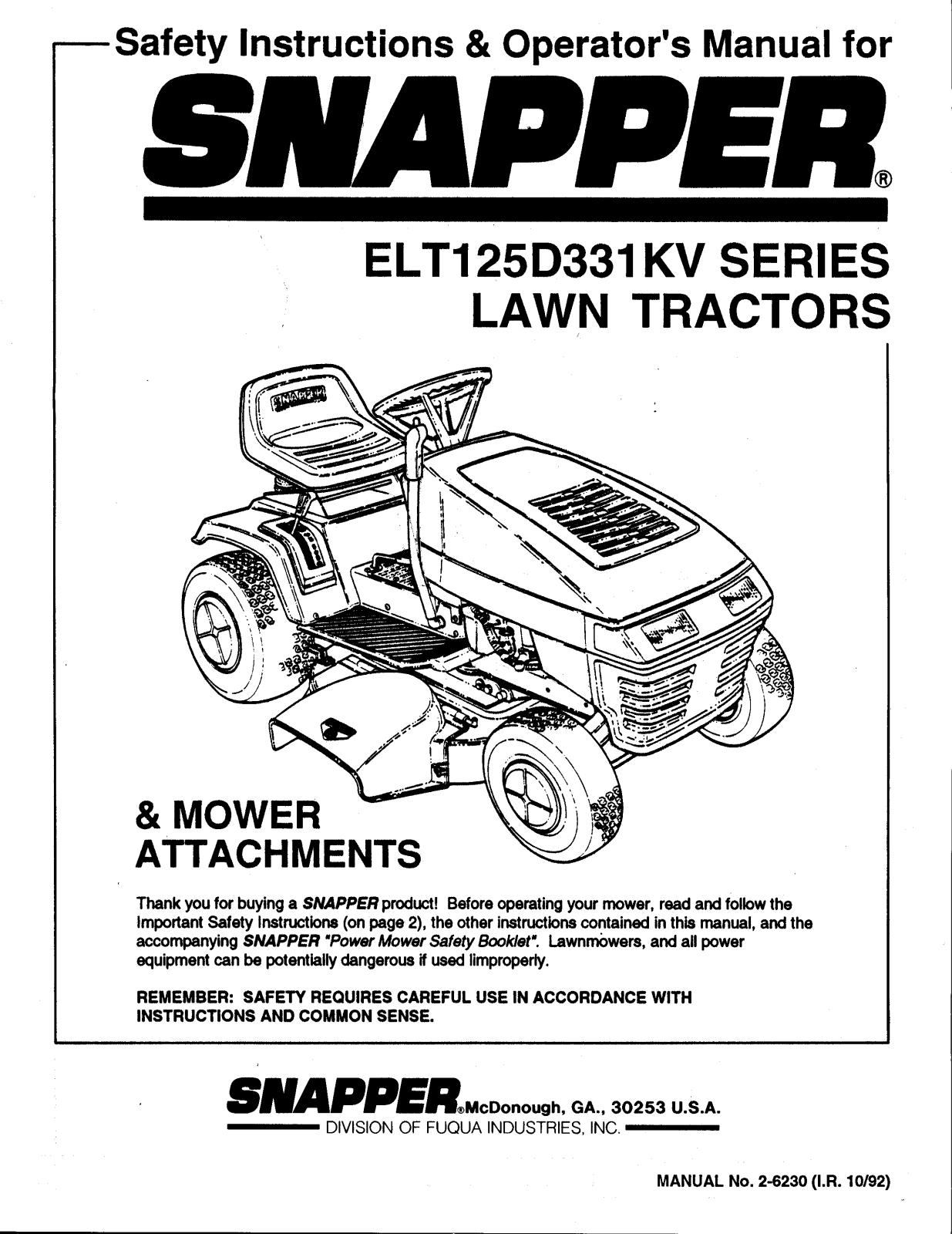 Snapper ELT125D331KV User Manual