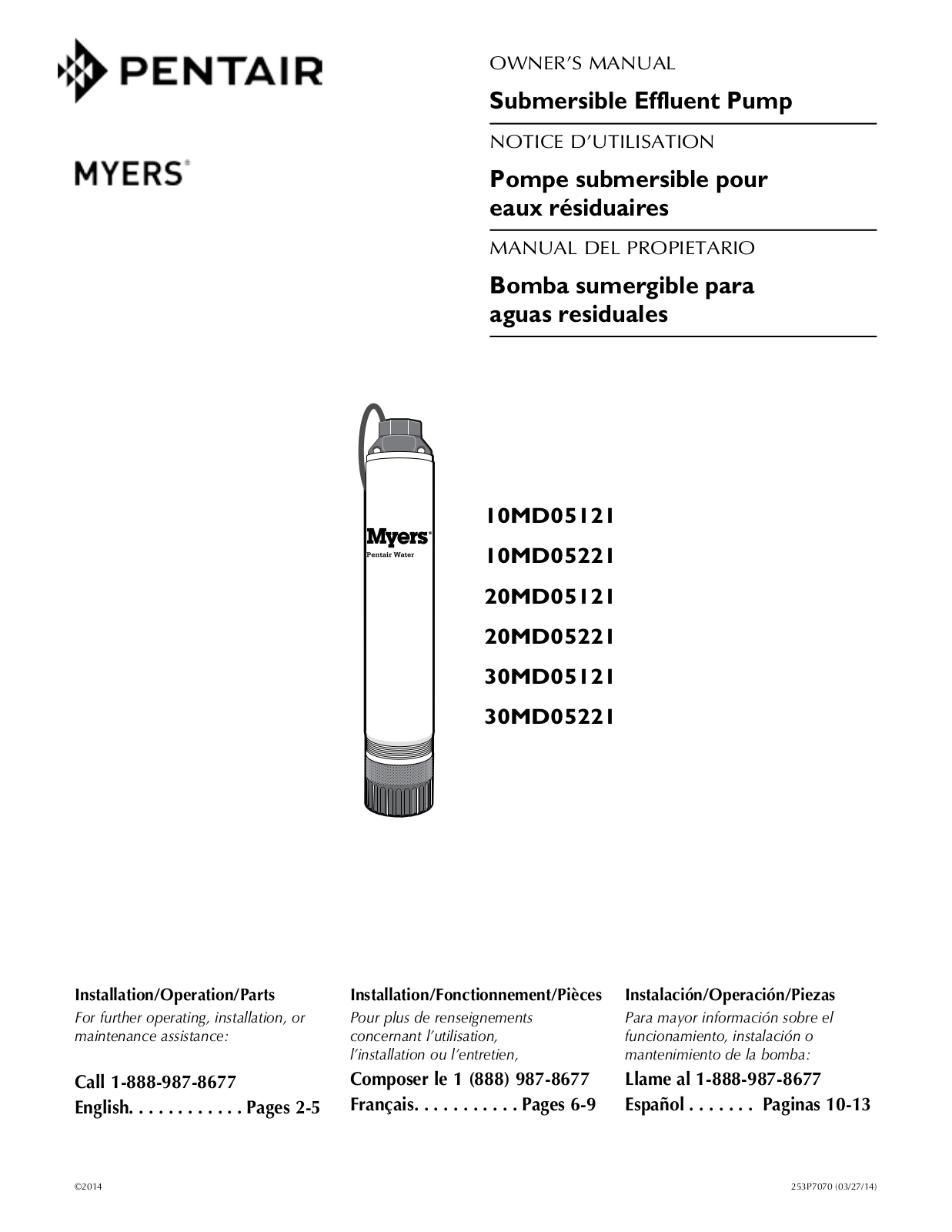 Pentair Myers 10MD05221, Myers 10MD05121, Myers 20MD05121, Myers 30MD05221, Myers 20MD05221 Owner's Manual