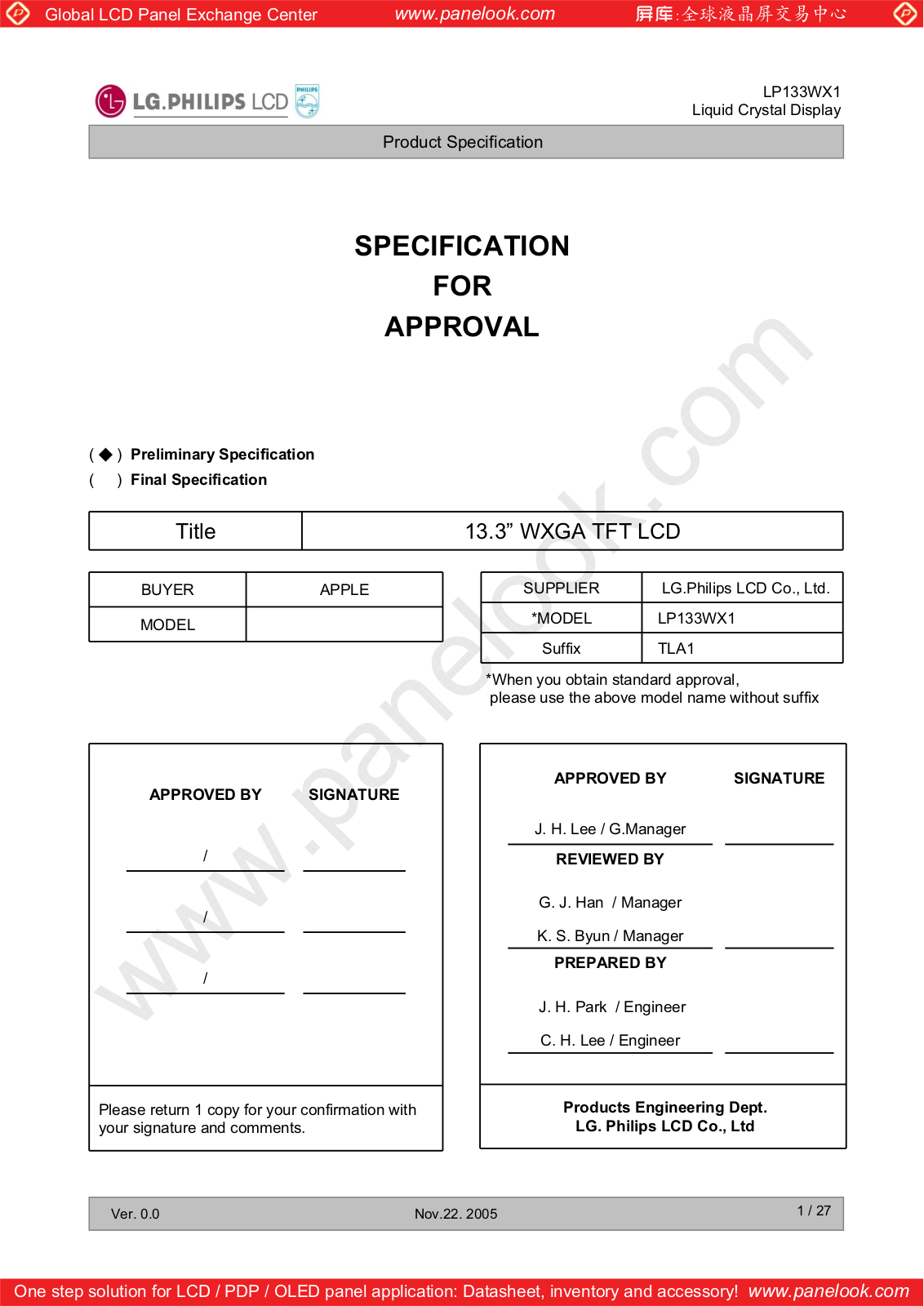 LG.Philips LCD LP133WX1-TLA1 Specification