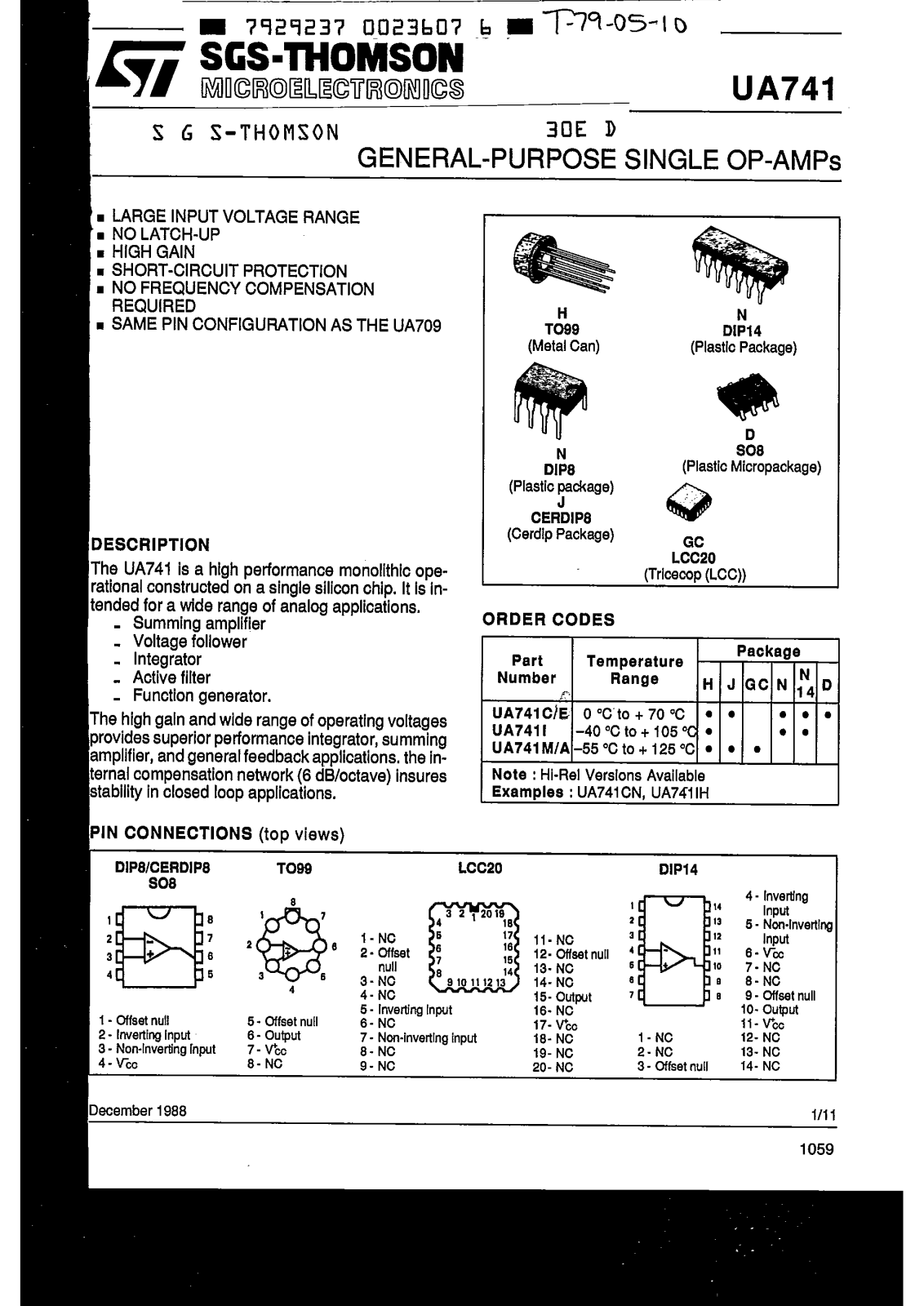 SGS Thomson Microelectronics UA741CN14, UA741CN, UA741CJ, UA741CD, UA741AJ Datasheet