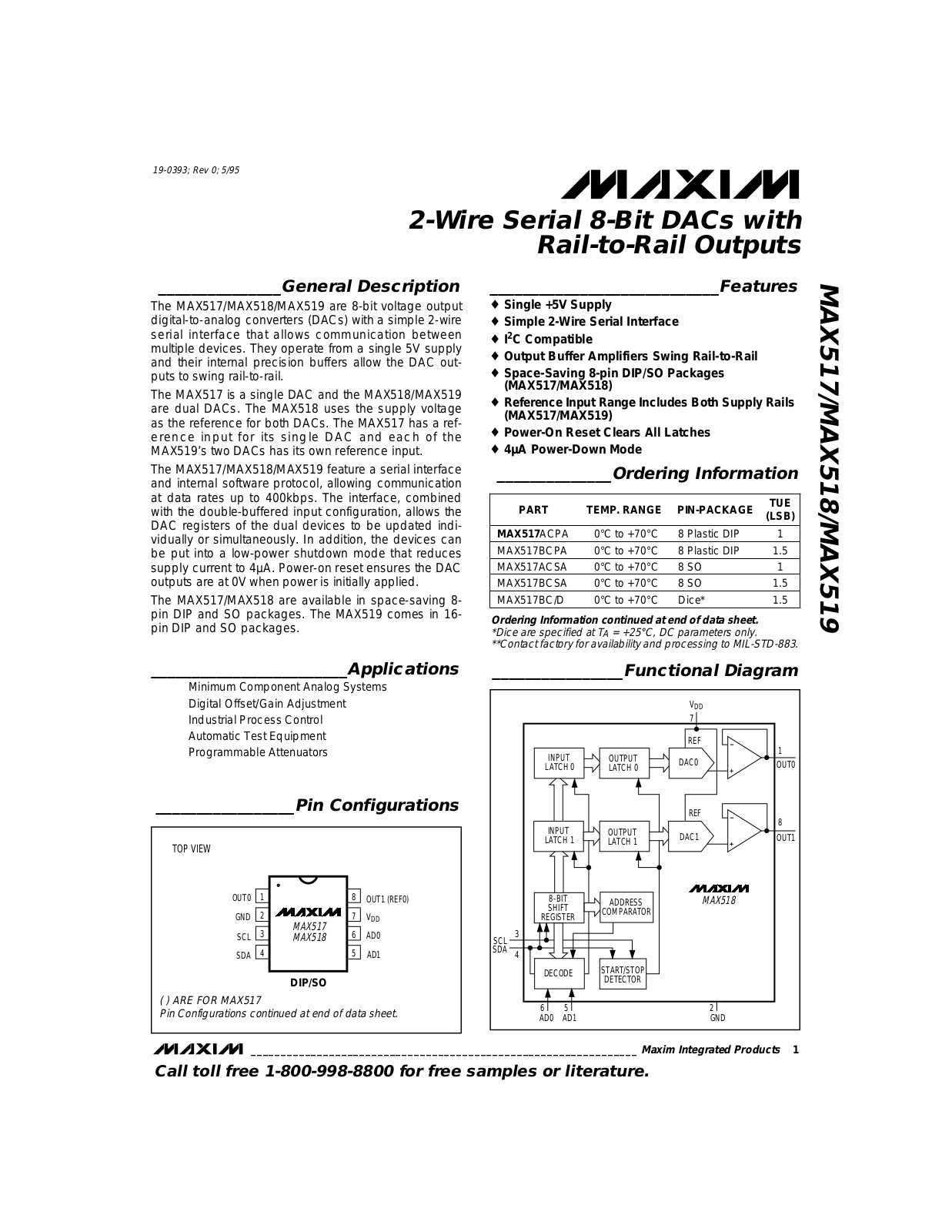 Maxim MAX517BESA, MAX517BEPA, MAX517BCSA, MAX517BCPA, MAX517BC-D Datasheet