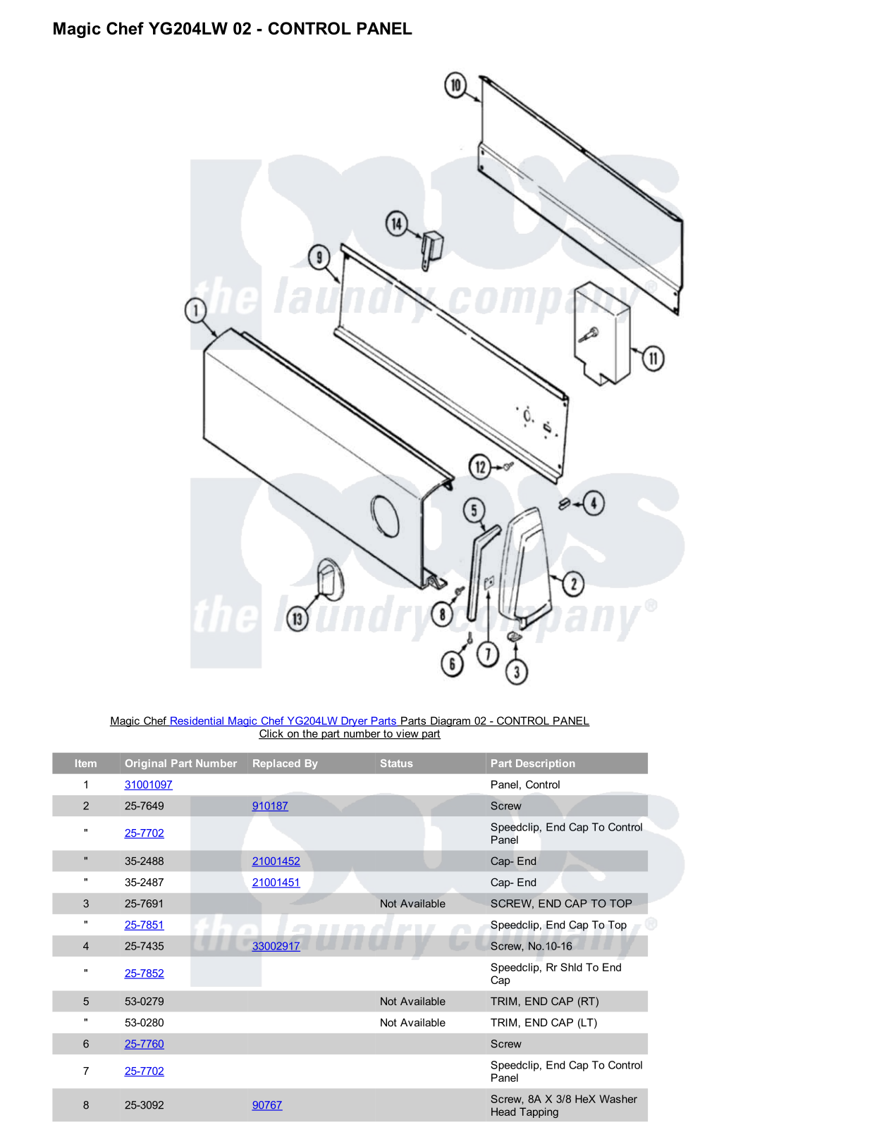 Magic Chef YG204LW Parts Diagram